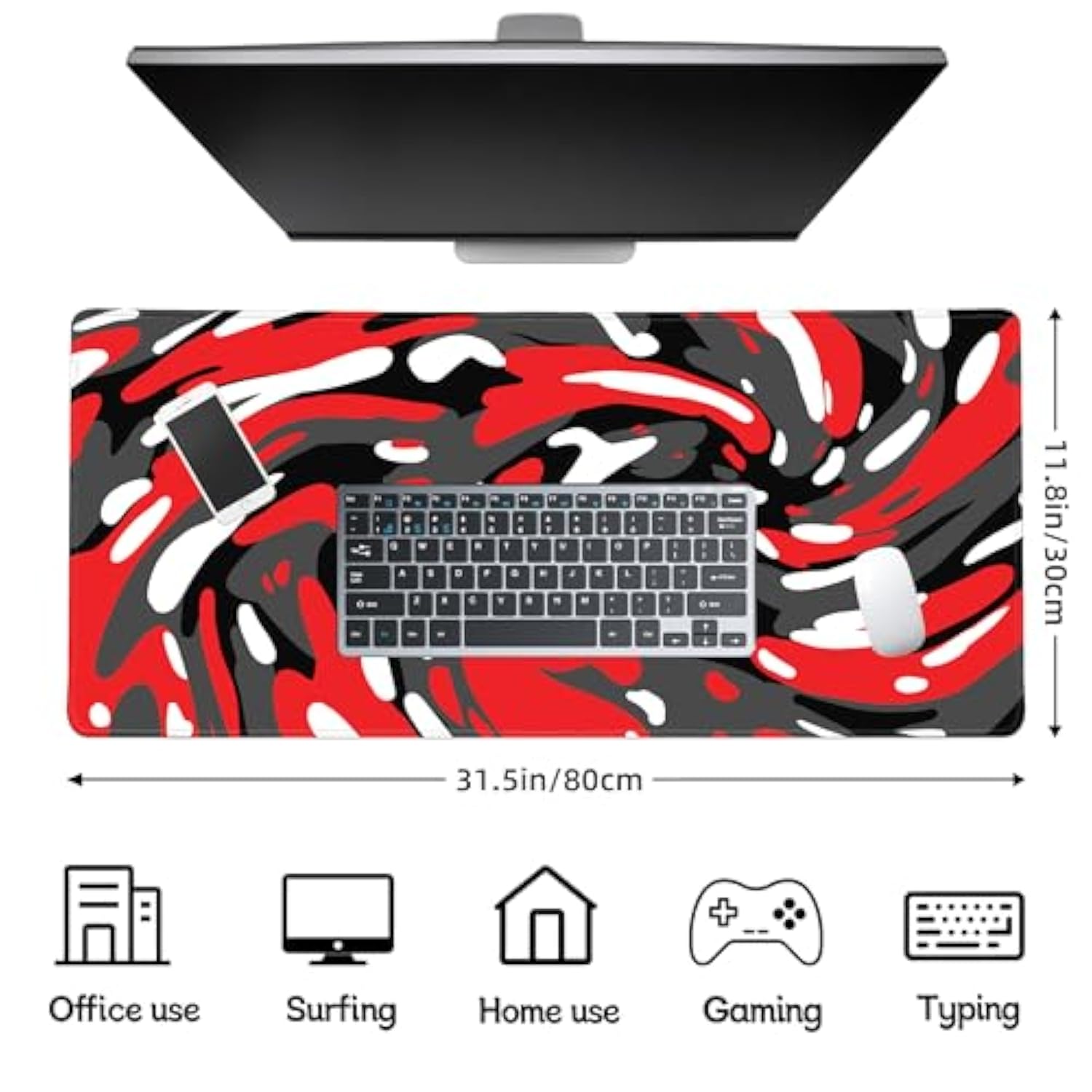 Fluid Pattern Desk Mat Marbled Design Desk Pad,Gaming Mouse Pad With Seamed Edges,Waterproof Large Mouse Pad,Non-Slip Rubber Base Xl Gaming Mousepad,31.5X11.8 In Computer Mat Keyboard Pad Red-Black