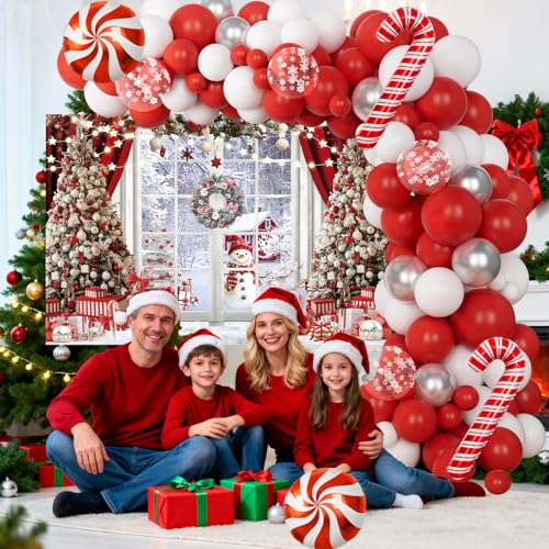 Christmas Balloon Garland Arch Kit with Christmas Backdrop - Red White Silver Snow Latex Balloons and Candy Cane foil Balloons for New Year Merry Xmas Birthday Party Decorations
