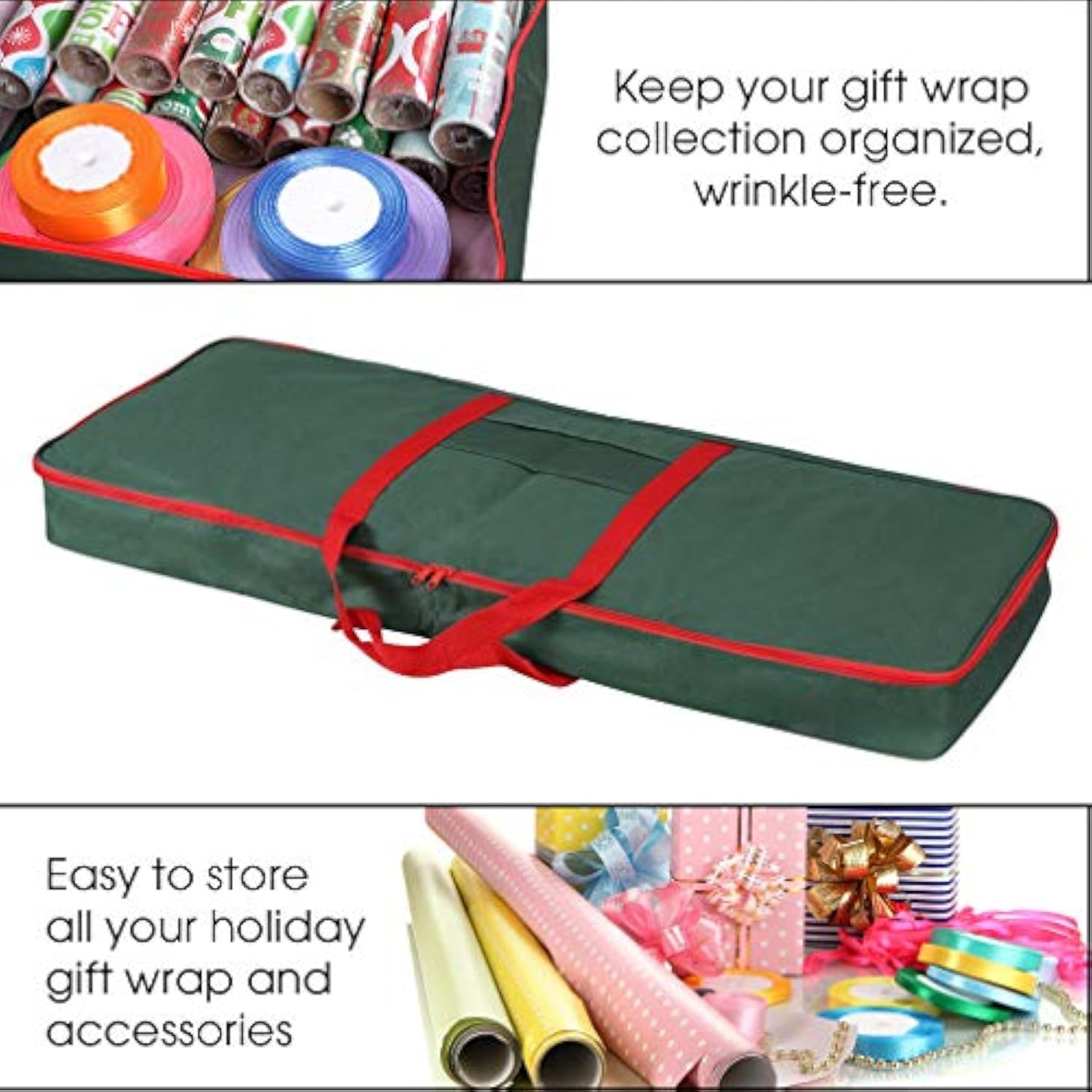 Christmas Wrapping Paper Storage Box With Pockets | Long Gift Wrap Storage Container Bag (37” X 14” X 4”) Constructed Of Durable 600D Oxford Material (Green)