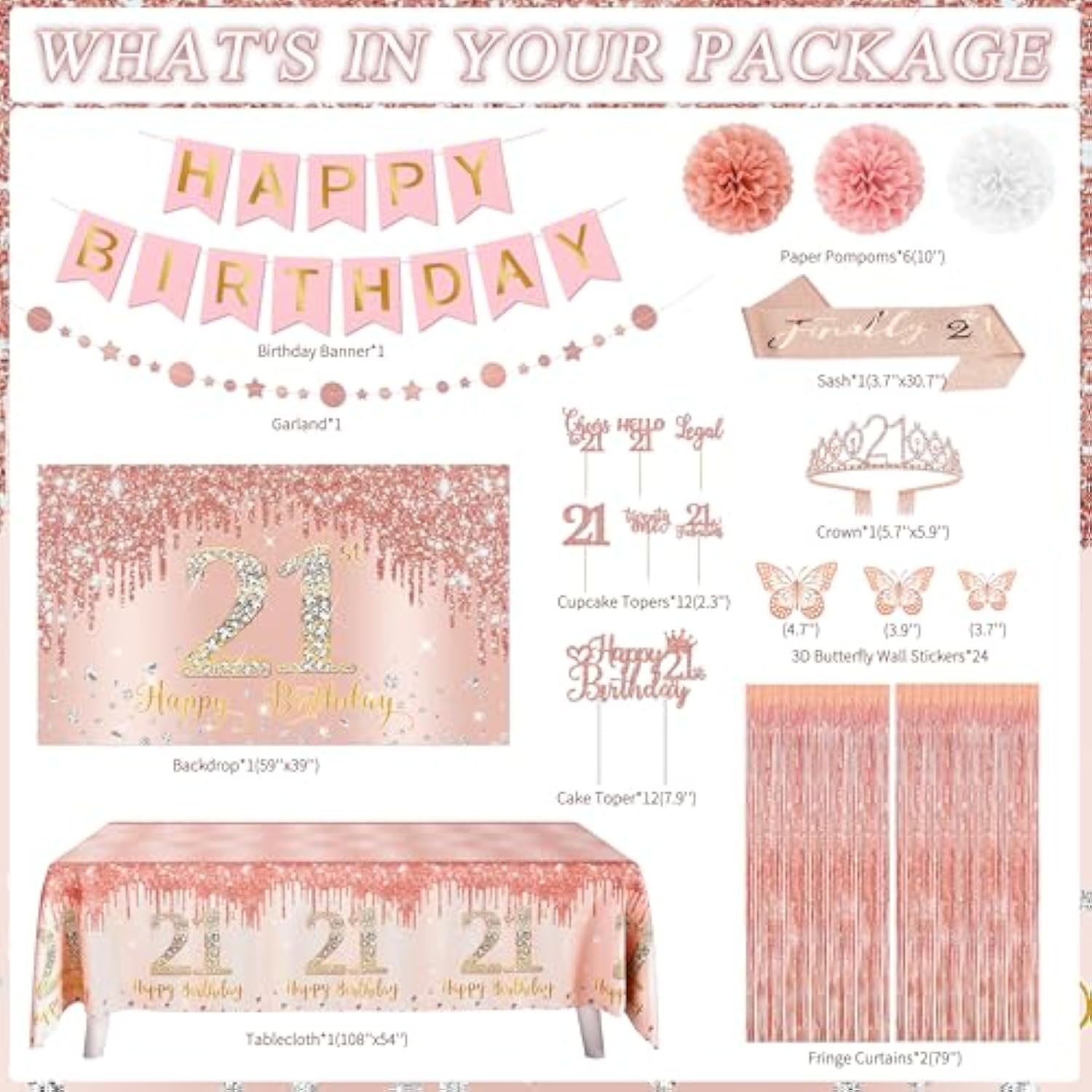 21St Birthday Decorations For Her, Rose Gold Happy 21St Birthday Decor With Balloon Arch Backdrop Banner Fringe Curtains Tablecloth Cake Topper Sash Crown For Women Party Supplies