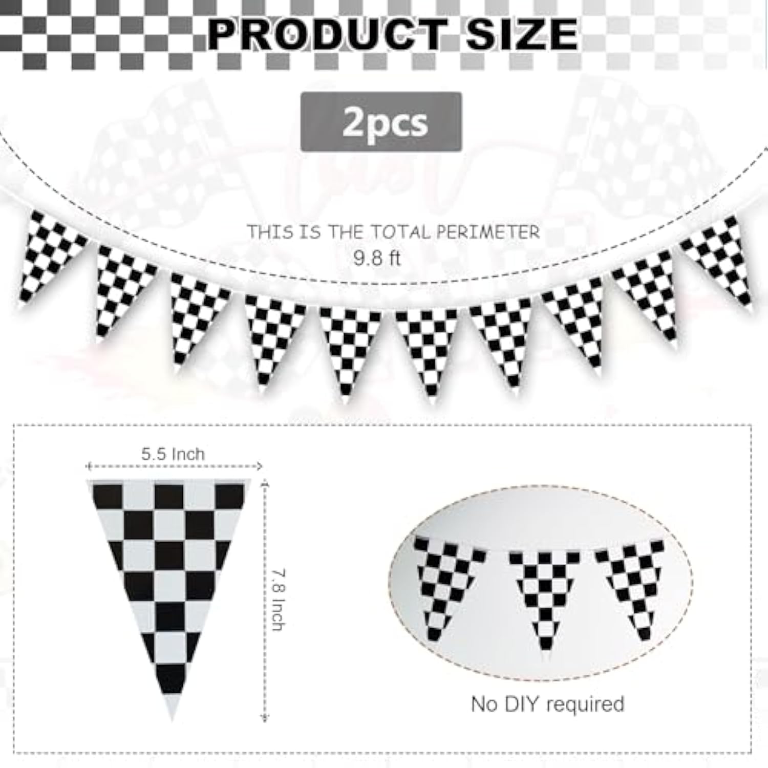 2 Pc Double-Sided Red/White Checkered Pennant Banner (80") Race Car Party Decor