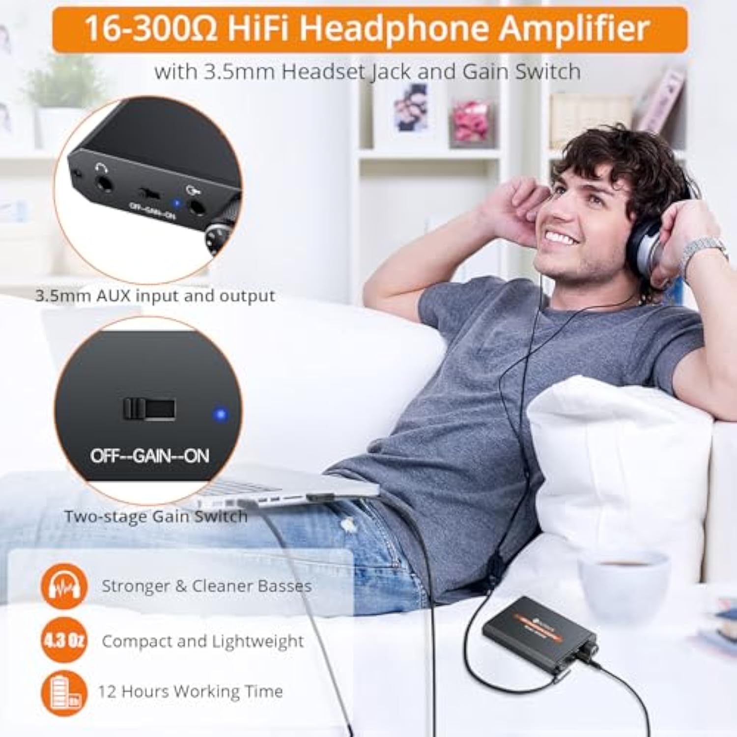 Portable 3.5Mm Headphone Amplifier Two-Stage Gain Switch, 16-150 Ohm, Aluminum Matte Surface