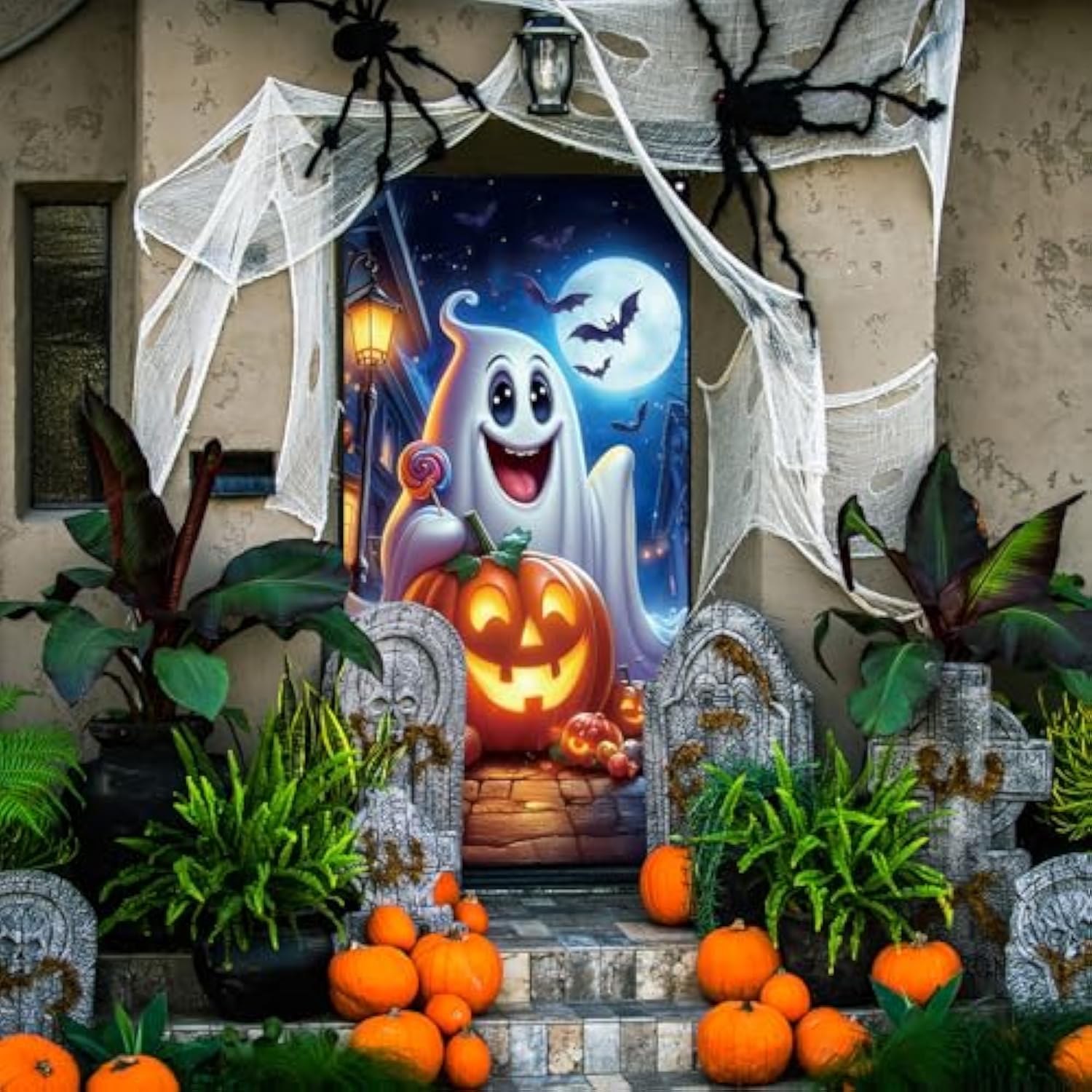 Ghost Pumpkin Halloween Door Cover 71×35 Inch Party Backdrop Decor