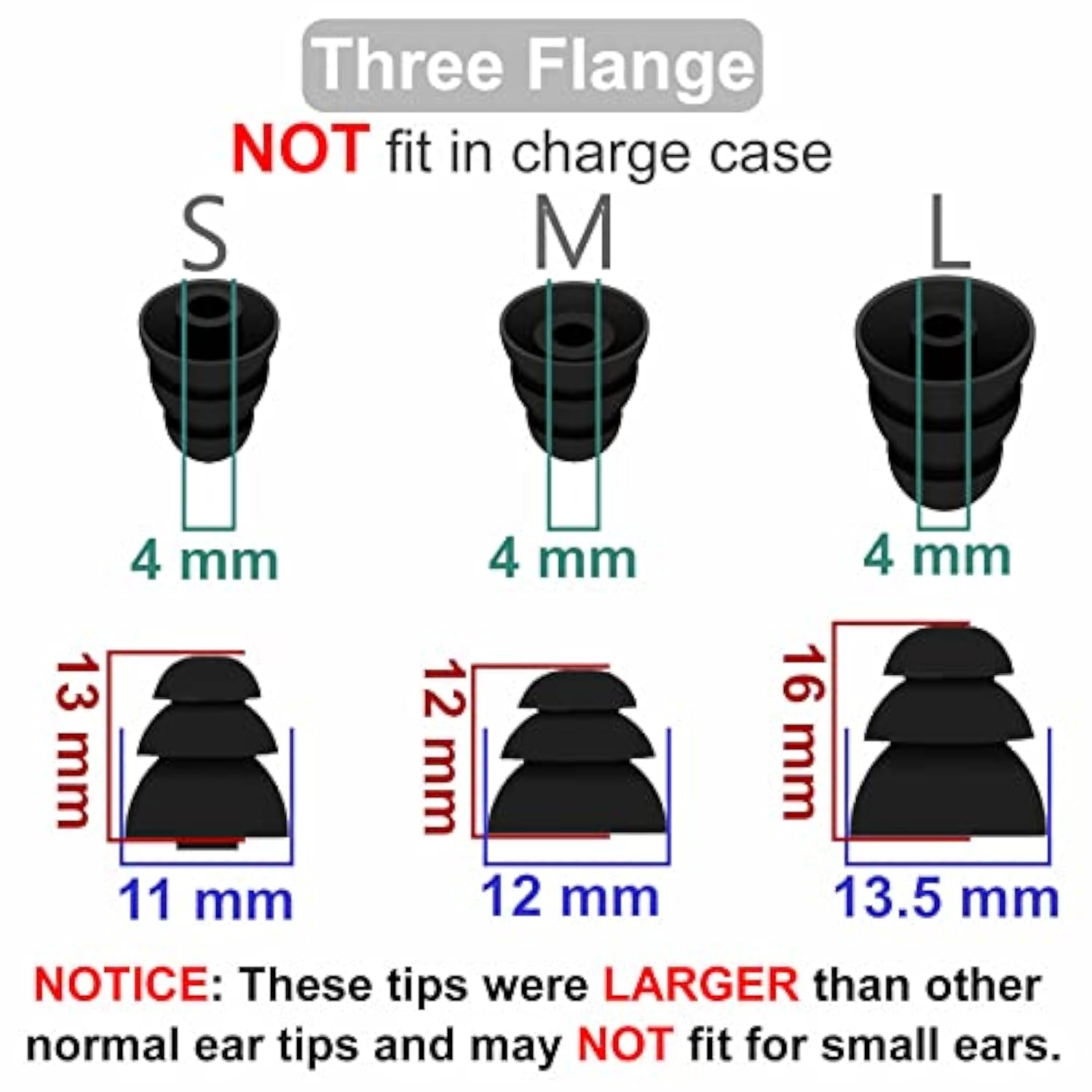 9 Pairs Compatible With Beats Studio Buds + / Fit Pro/Wf-1000Xm5 / Wf-1000Xm4 Triple Flange Ear Tips, Noise Reduce Silicone With 4Mm Connector Hole Fit For Most 4Mm - 5Mm In-Ear Earphones - Black