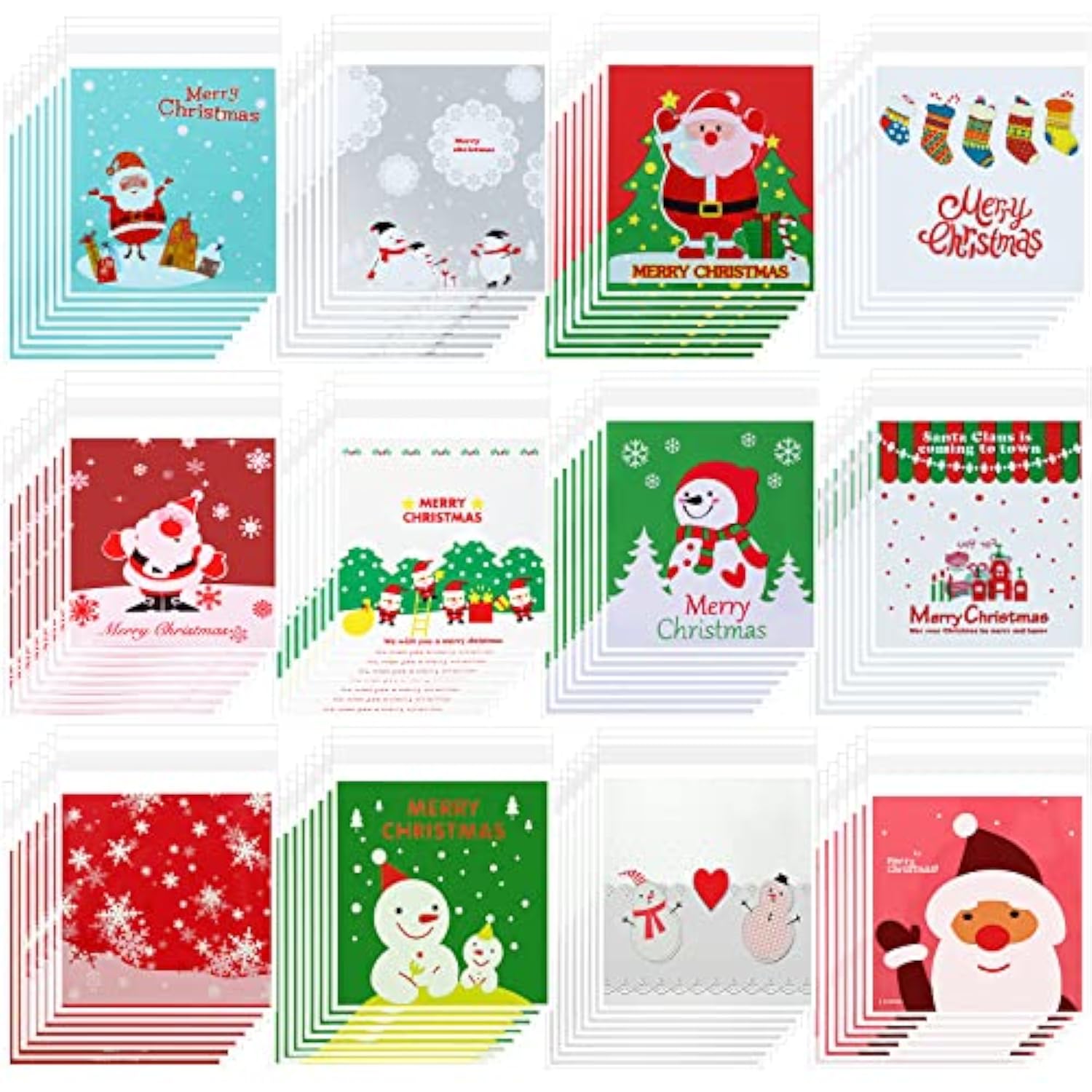 300 Pieces Christmas Cellophane Bags Xmas Treat Candy Cookie Biscuit Bags Self-Adhesive Plastic Present Bags For Christmas Party Diy Supplies Favor, 12 Styles