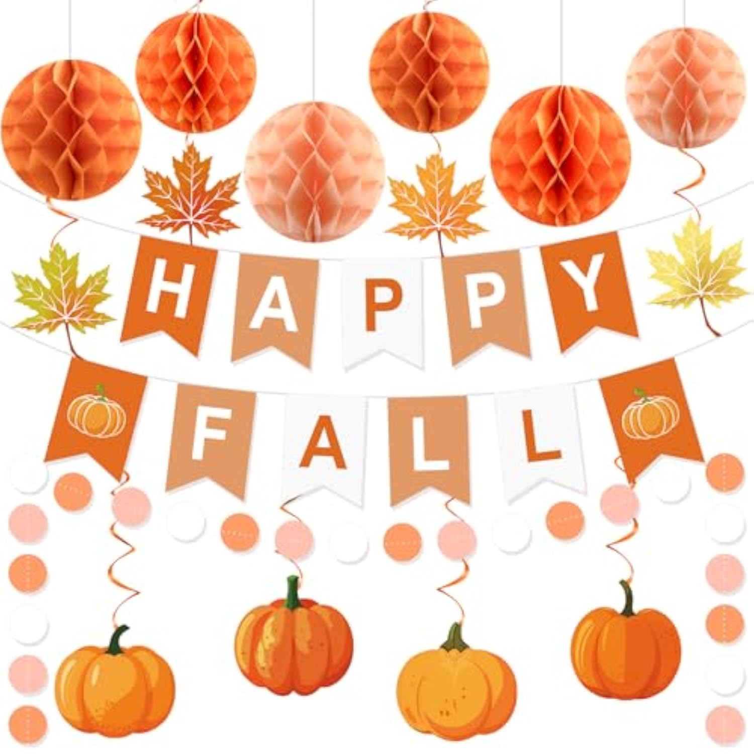 Fall Party Decorations Happy Fall Banner With Honeycomb Balls Pumpkin Maple Leaf Hanging Swirls Circle Dots Garland Fall Party Decor For Harvest Autumn Festival Thanksgiving Decorations