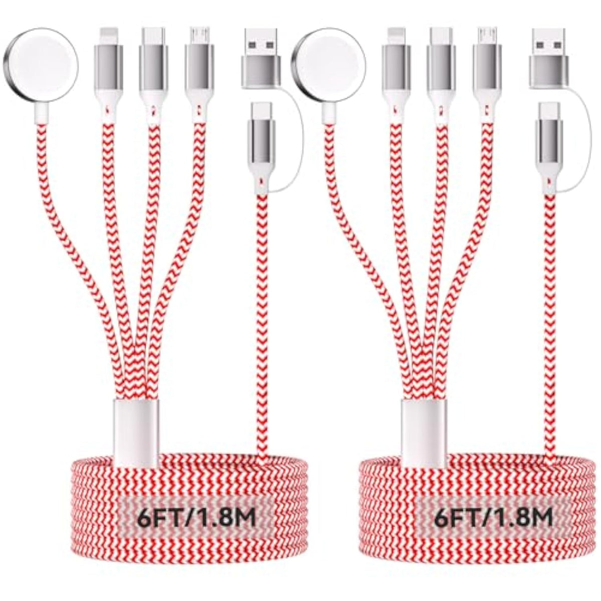 2Pack 6Ft/1.8M Iwatch Charger, 4 In 2 Usb A/C To Ios Port/Type C/Micro Usb/Iwatch Charger Nylon-Braided Multi Fast Charging Cable Compatible For Iwatch Ultra/Se/1-10/Iphone/Ipad/Airpods/Galaxy