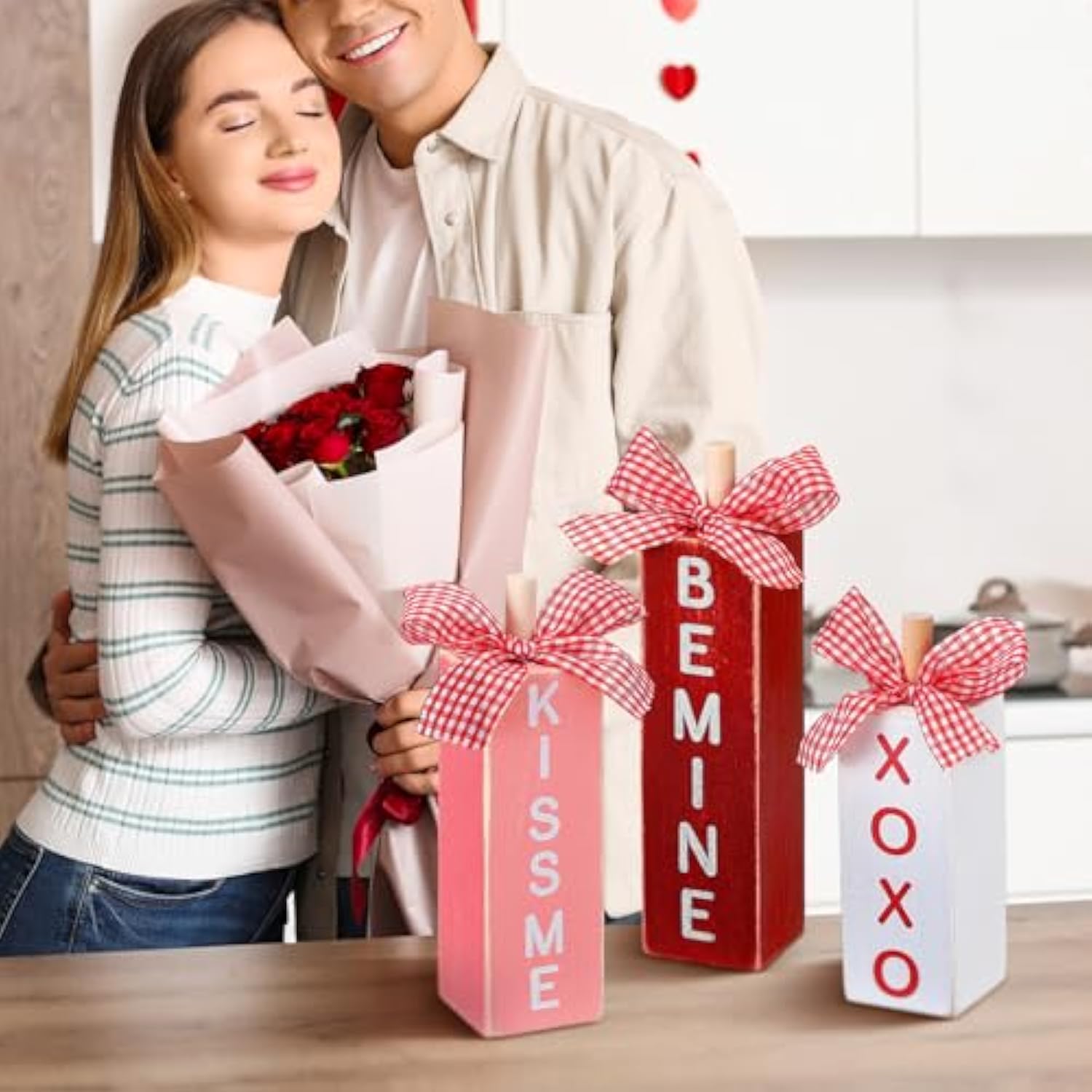 3 Pcs Valentine‘S Day Decorations For Home Valentines Table Block Sign Wooden Valentine Tiered Tray Decor Rustic Farmhouse Tabletop Centerpieces For Wedding Anniversary Party Shelf