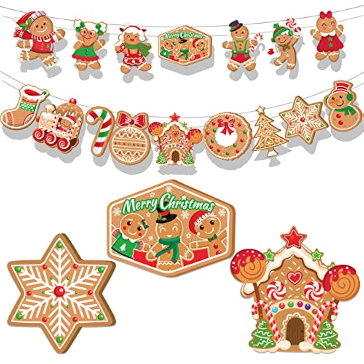 Christmas Gingerbread Man Hanging Banner, Merry Christmas Backdrop Banner-Snowflake, Christmas Tree, Candy Canes, Christmas Stockings Design Christmas Party Decorations Winter Home Ornament