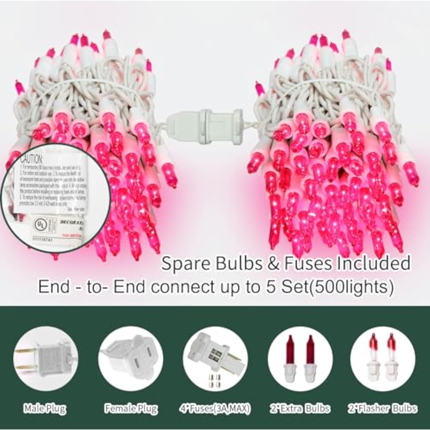 Pink Christmas Lights Set 100 Count 19.6 Feet Incandescent Bulb Mini String Lights For Indoor Christmas Tree Garland Bir