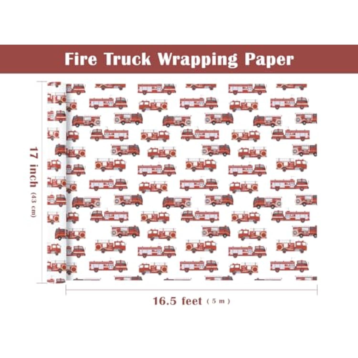 Fire Truck Wrapping Paper Roll - Mini Roll - 17 Inch X 16.5 Feet - Red Fire Engine Car Wrapping Paper, Perfect For Kids Boys Birthday, Baby Shower