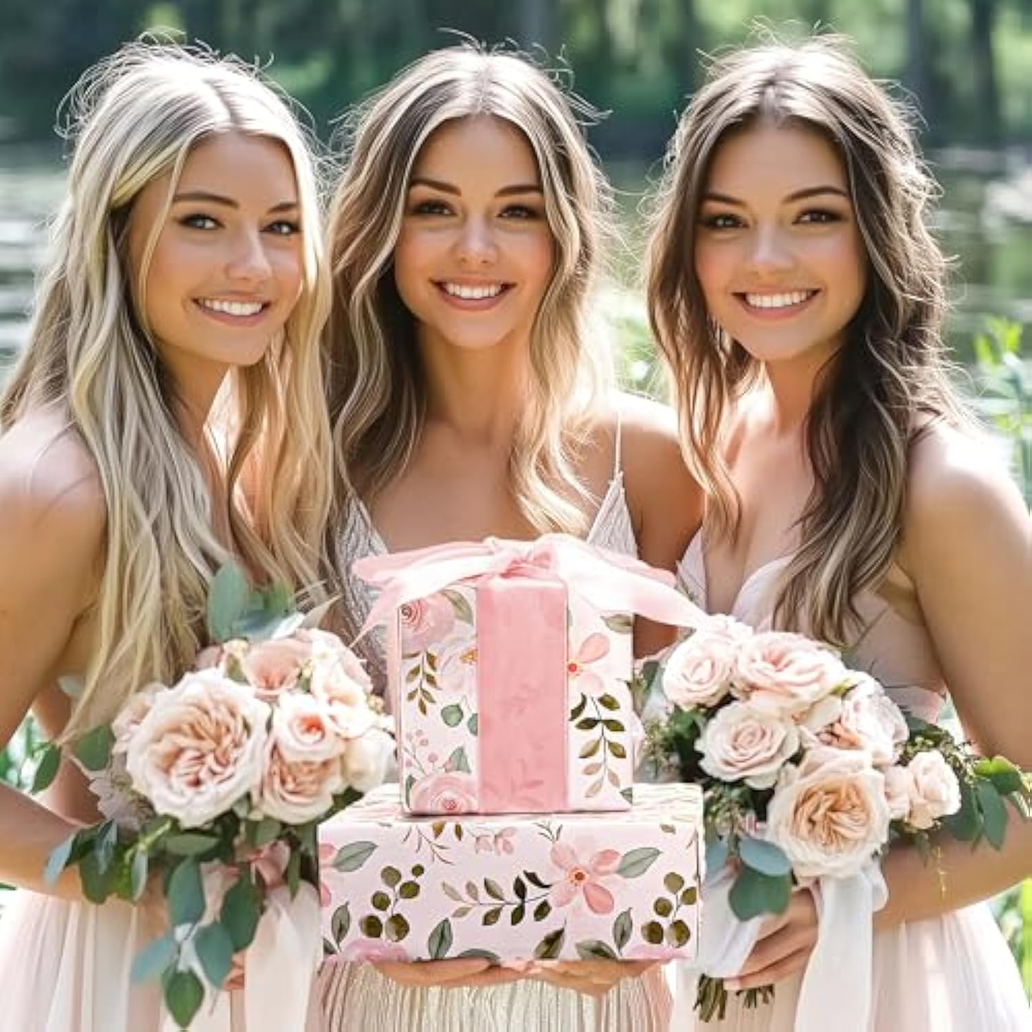 Reversible Floral Wrapping Paper Roll - 17 Inches X 33 Feet (47 Sq. Ft. Ttl.) Pink Watercolor Roses Design Flower Gift Wrap For Wedding, Bridal Shower, Mother'S Day