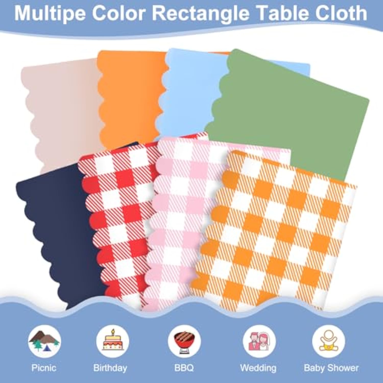 6 Light Blue Scalloped Tablecloths, 54x108" Disposable Covers for Parties