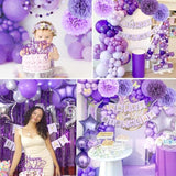 Purple Birthday Decorations, Purple Party Balloons With Happy Birthday Banner Fringe Curtain Paper Pompoms, Circle Garland For Women Men Boys Girls Princess Birthday Decor