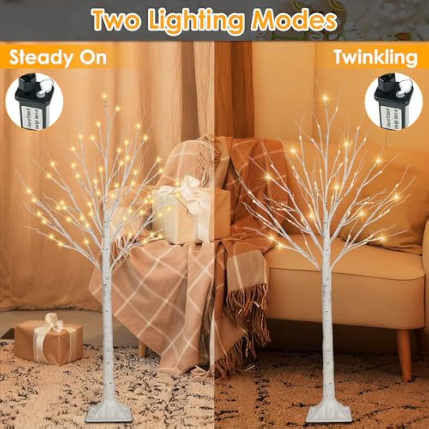 2 Pack 4Ft 100Led Christmas Lighted Birch Tree, Timer Function Prelit Artificial Tree Lamp Plug In With Warm White Lights, 2 Modes Twinkling Twig Trees For Indoor Outdoor Party Christmas Decorations