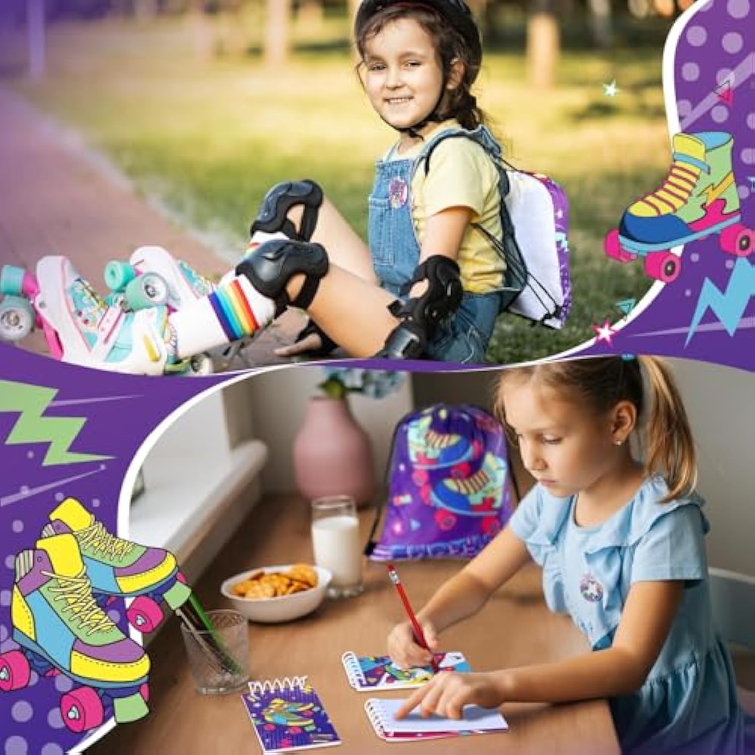 140 Pcs Roller Skate Party Favors Includes 12 Drawstring Backpacks 12 Silicone Wristbands 12 Badges 12 Keychains 18 Notepads 12 Pencils 12 Slap Bracelets 50 Stickers For Retro Hip Hop Party