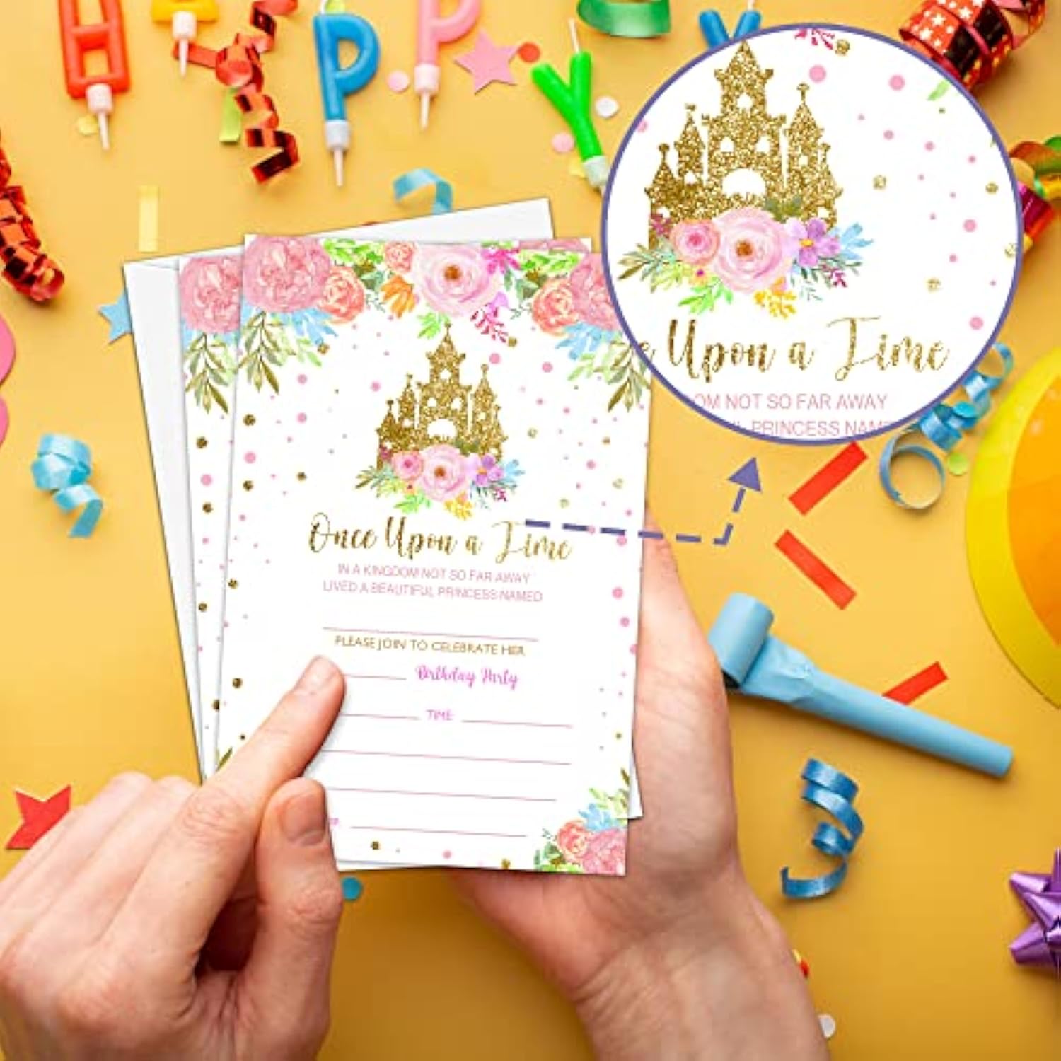 Princess Birthday Party Invitation, Fairytale Castle Themed Fillin Invites, 20 Gold Foil Floral Invitations With Envelopes For Teens Girls (4 X 6), Kids Royal Party Favors Decorations And Supplies