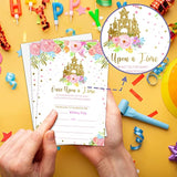 Princess Birthday Party Invitation, Fairytale Castle Themed Fillin Invites, 20 Gold Foil Floral Invitations With Envelopes For Teens Girls (4 X 6), Kids Royal Party Favors Decorations And Supplies