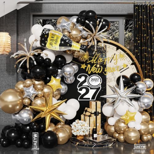 161Pcs Happy New Year Balloon Arch Garland Kit, Black Gold Silver Balloons