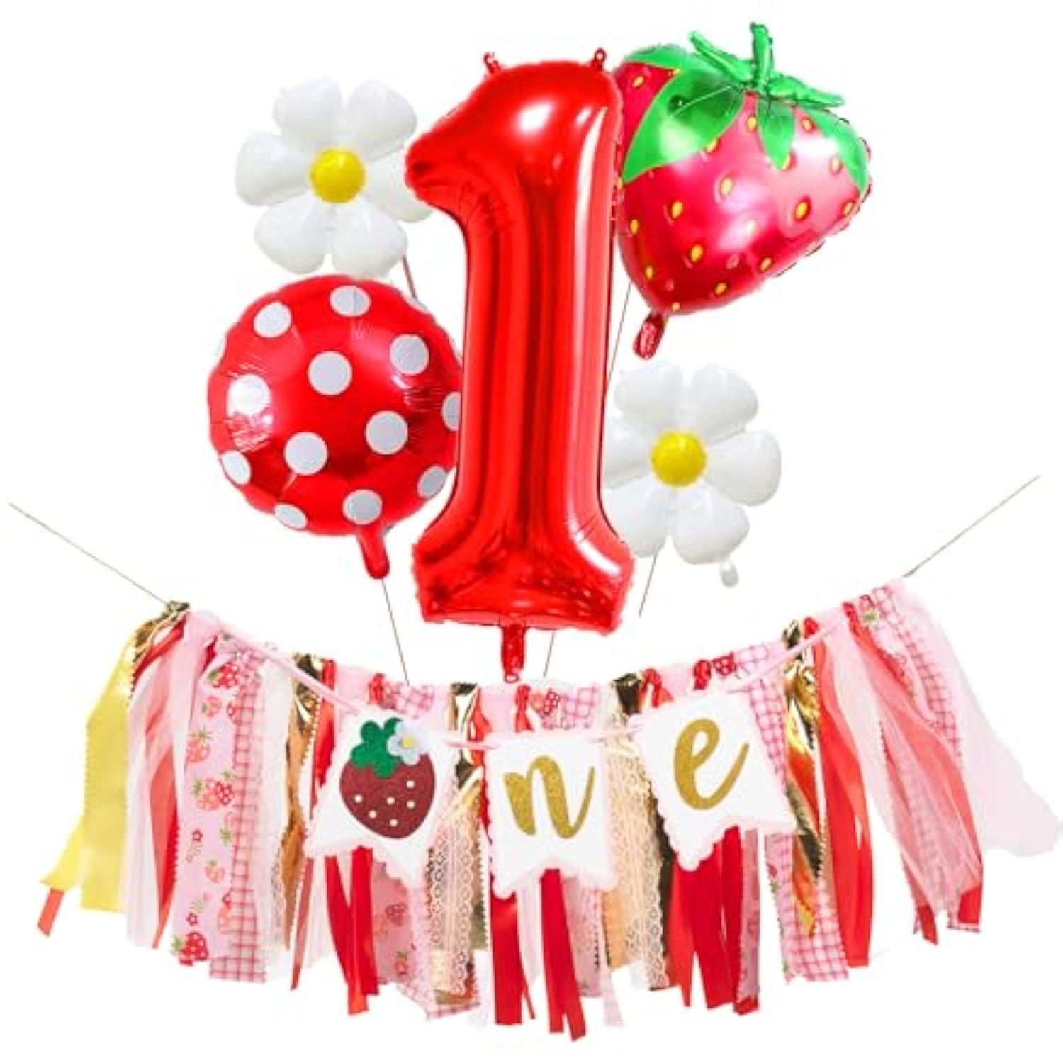 7pcs Strawberry First Birthday Kit – Banner, Balloons & Cake Smash Decor