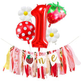 7pcs Strawberry First Birthday Kit – Banner, Balloons & Cake Smash Decor