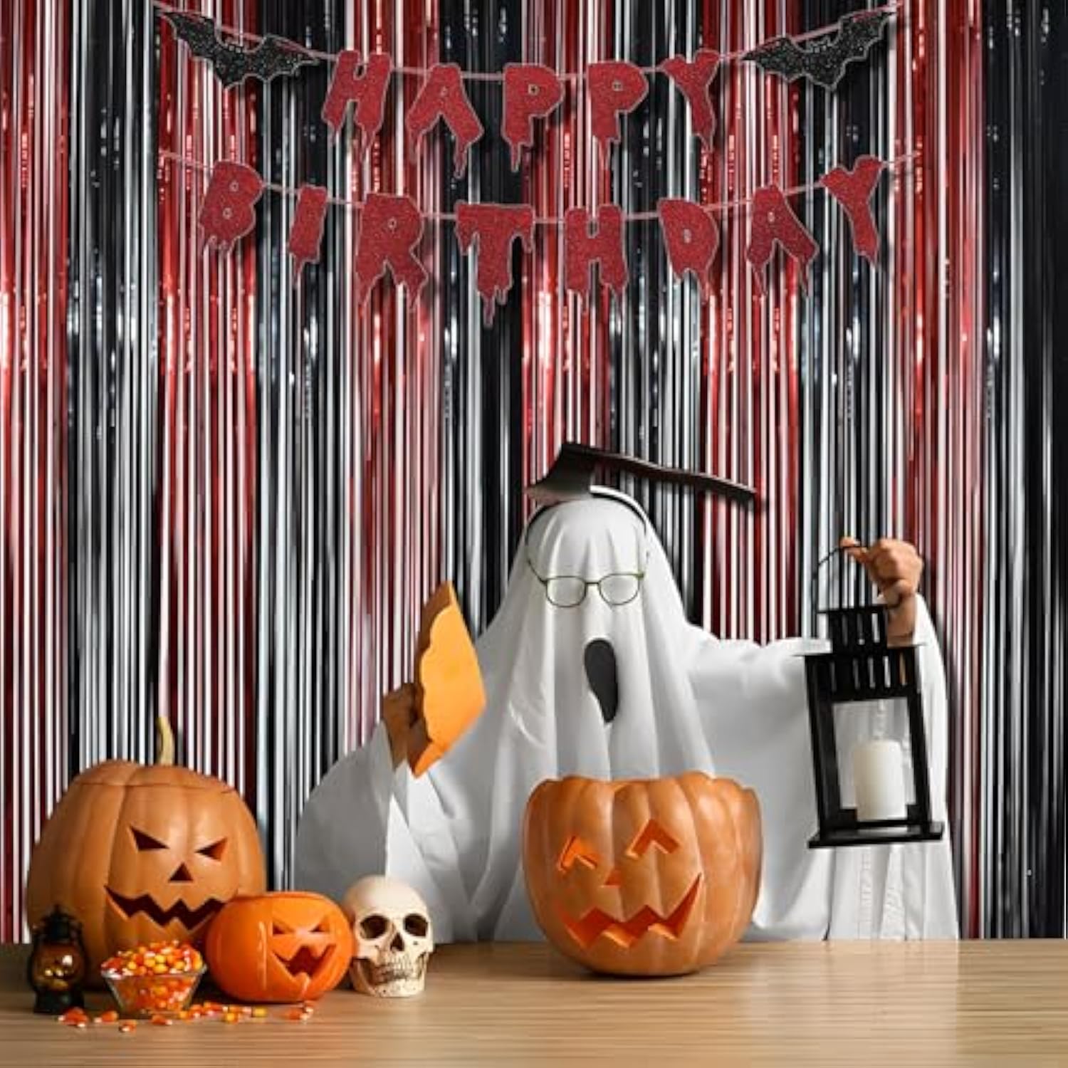 2 Pack Black Red Foil Fringe Curtains 3.2x8.2ft Backdrop for Halloween Party Decor