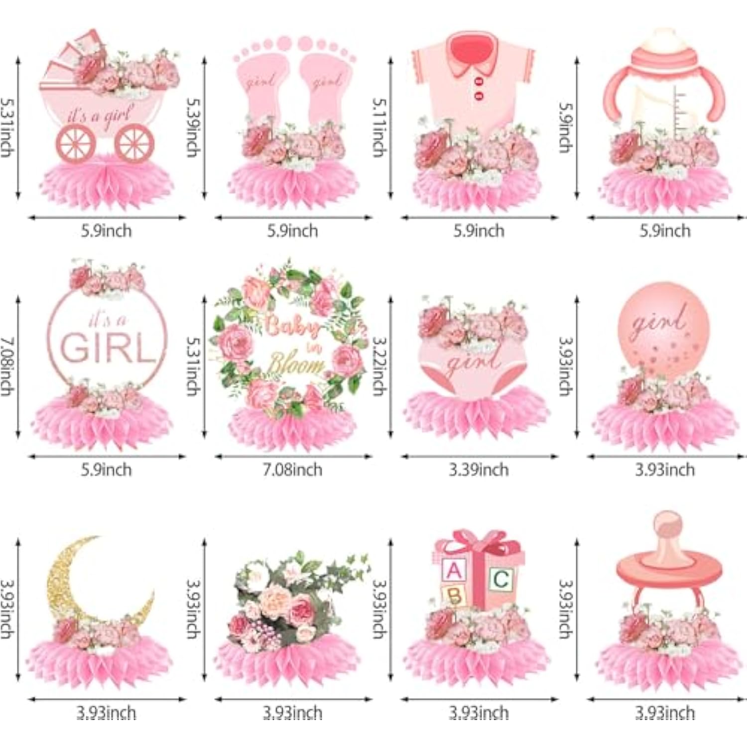 12 Pcs Baby Shower Honeycomb Centerpieces For Girl, Floral Party Table