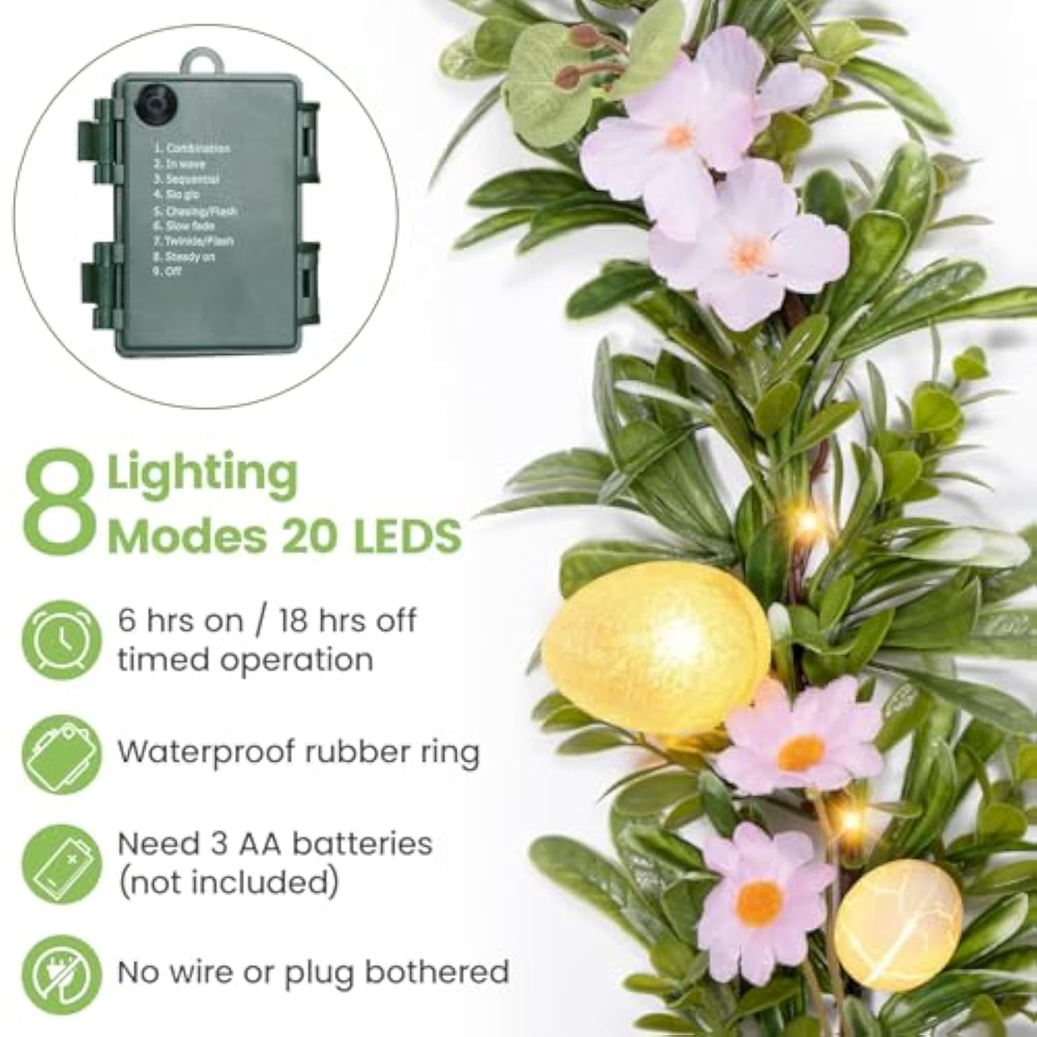 6 Ft Pre-Lit Easter Garland With 20 Led Lights & 8 Mode Timer, Lighted Pastel Easter Egg Garland For Mantle Decorations, Olive Spring Garland With Artificial Egg & Flower For Fireplace Table Holiday
