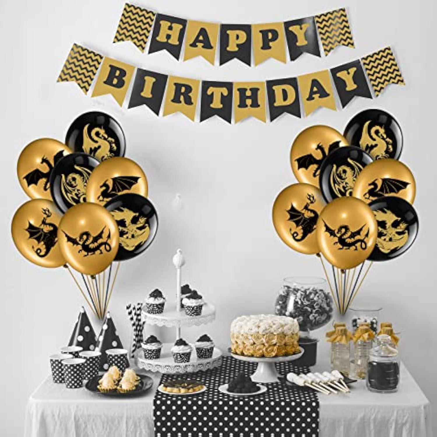 50 Pieces Dragon Theme Party Supplies, Dragon Theme Party Balloons, Black Gold Birthday Decoration Picks For Fantasy Supplies, 12 Inches