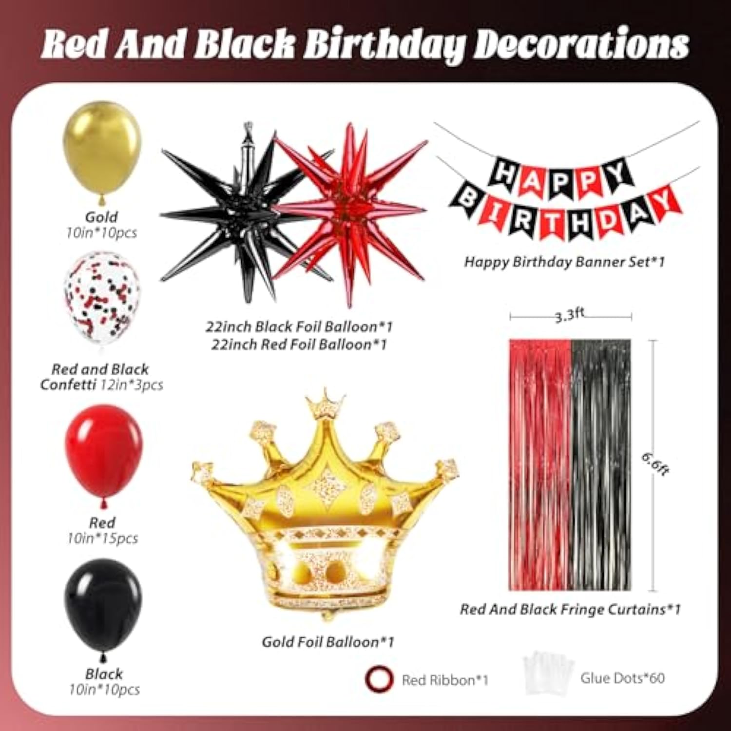Red And Black Birthday Decorations For Men With Red, Black And Gold Balloons, Happy Birthday Banner, Red And Gold Fringe Curtain For 21St, 25Th, 30Th, 35Th, 40Th Birthdays