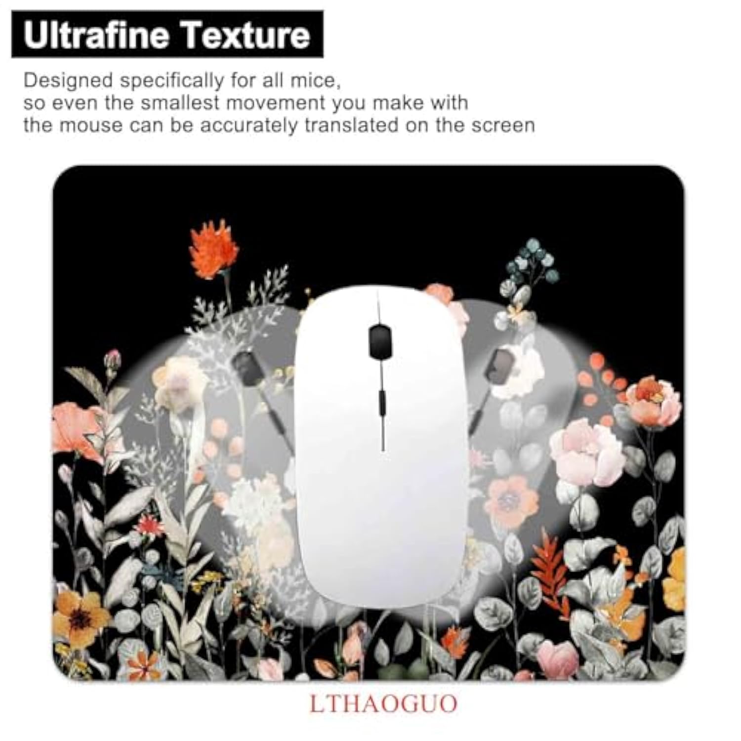 Garden Blooming Flowers Mouse Pad, Colourful Wildflowers Floral Mouse Mat With Waterproof Anti Slip Rubber Mousepad For Desktops, Computers, 9.5 X 7.9 Inch, Blcak