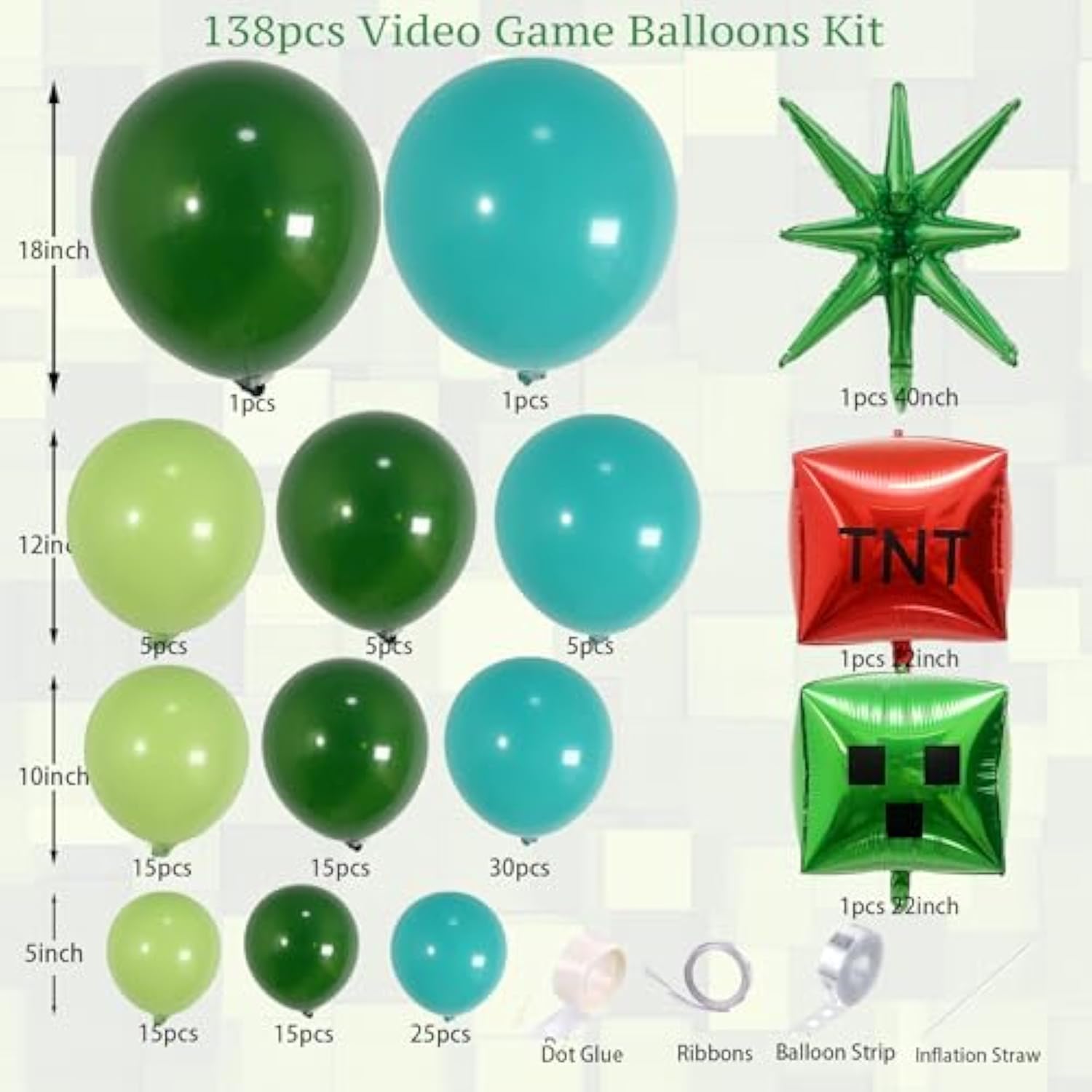 138 Pcs Video Game Balloon Arch Kit Green & Blue Pixel, TNT Cube for Gamer Party