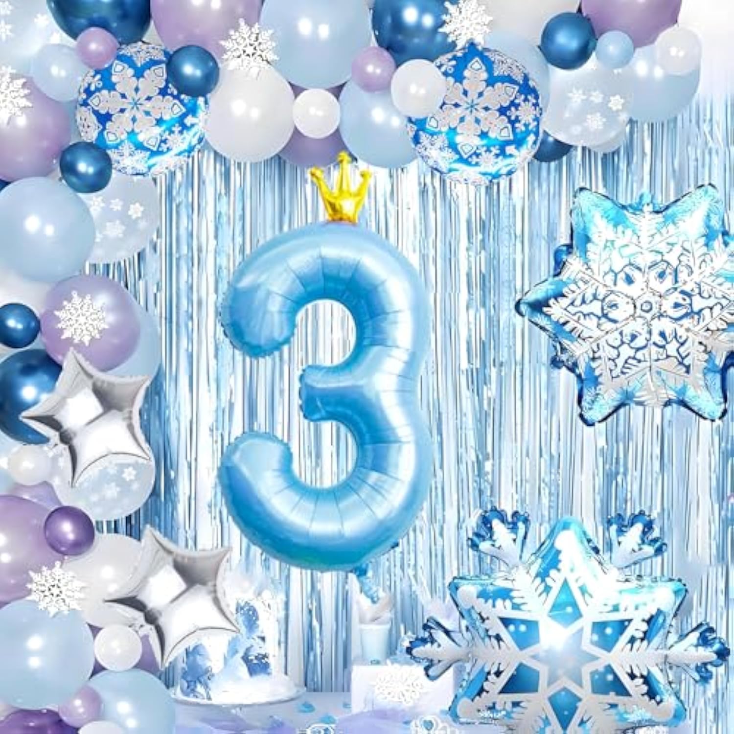 Frozen 3rd Birthday Decor Blue Number 3 Balloon Snowflake Winter Party Set