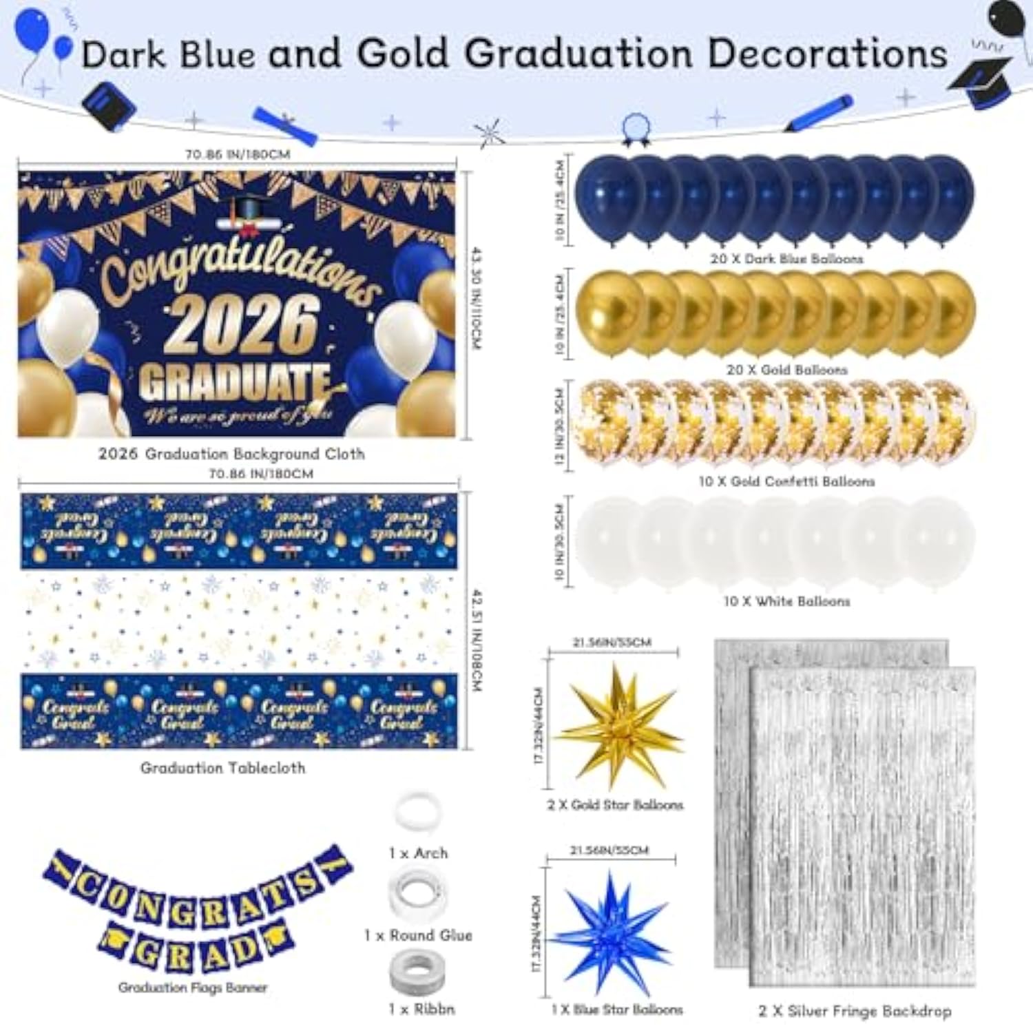 Graduation Decorations 2026, 71 Pcs Blue Gold Themed Set, Graduation Party Decoration With Confetti Foil Balloons, Congrats Grad Banner, Tablecloth Fringe Backdrop
