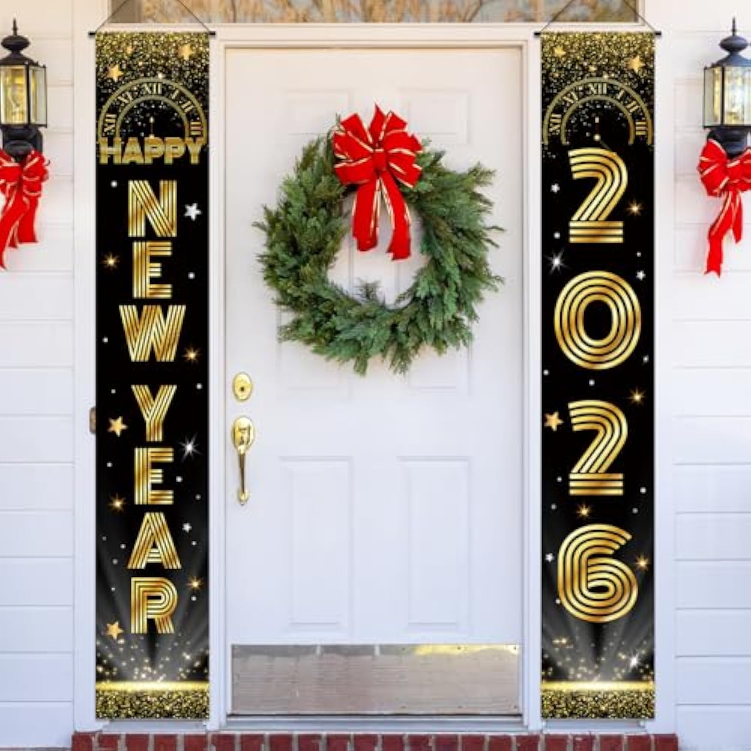 Happy New Year 2026 Banner Black Gold 71x12in Porch Wall Party Decor