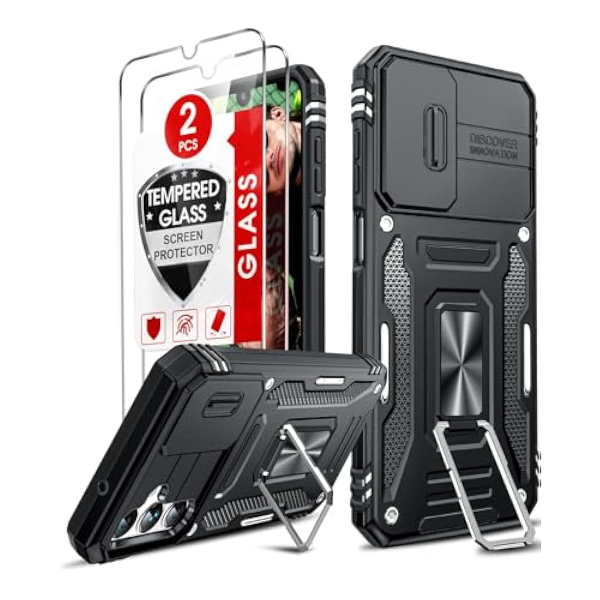 Compatible For Samsung Galaxy A14-5G Phone Case: Galaxy A14 Case With [2 Pack] Tempered Glass Screen Protectors, Magnetic Stand & Slide Camera Cover Funda Para A 14 5G Android Cell, Black
