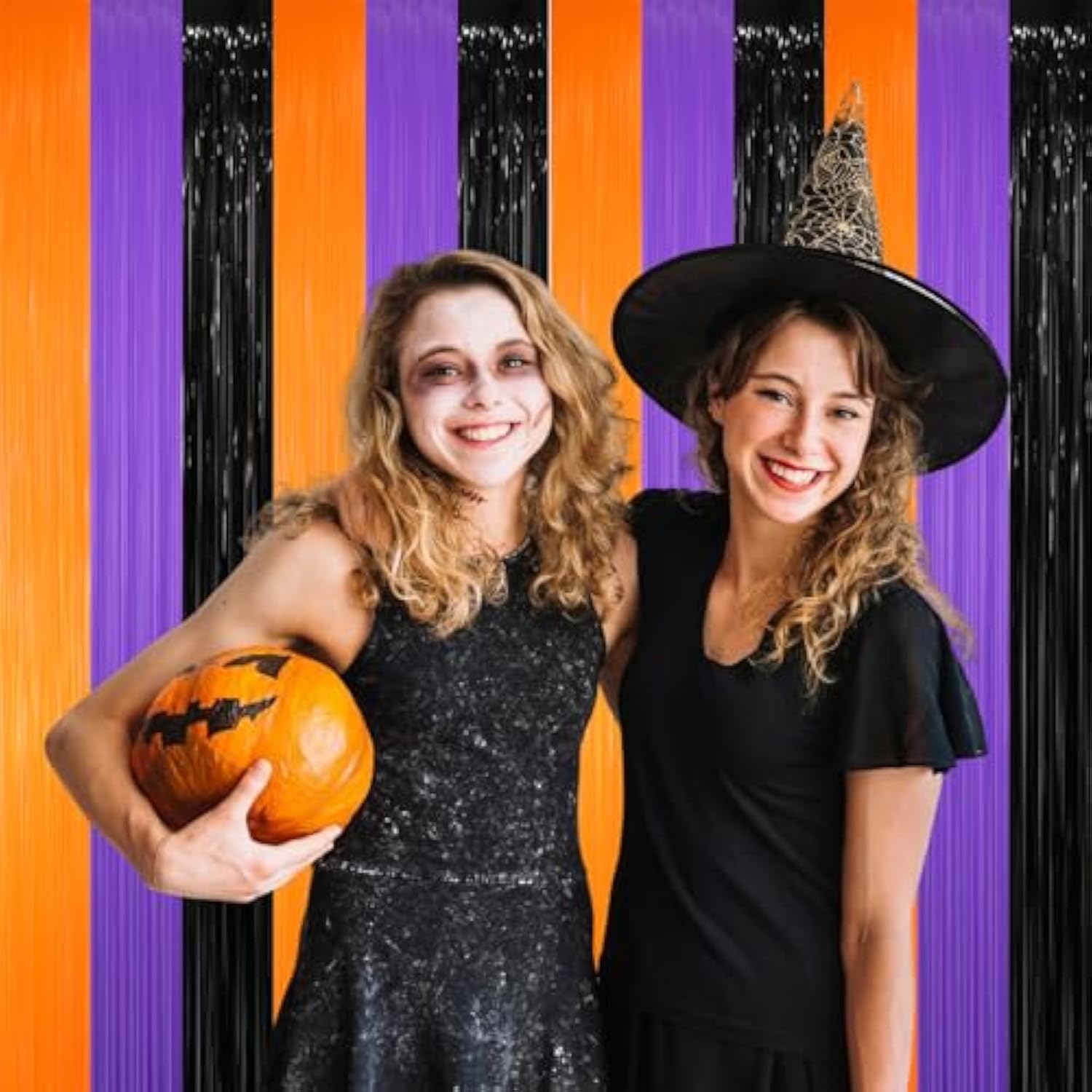 2 Pack Black Orange Purple Foil Fringe Curtains 6.4x8.2ft Backdrop Party Decorations