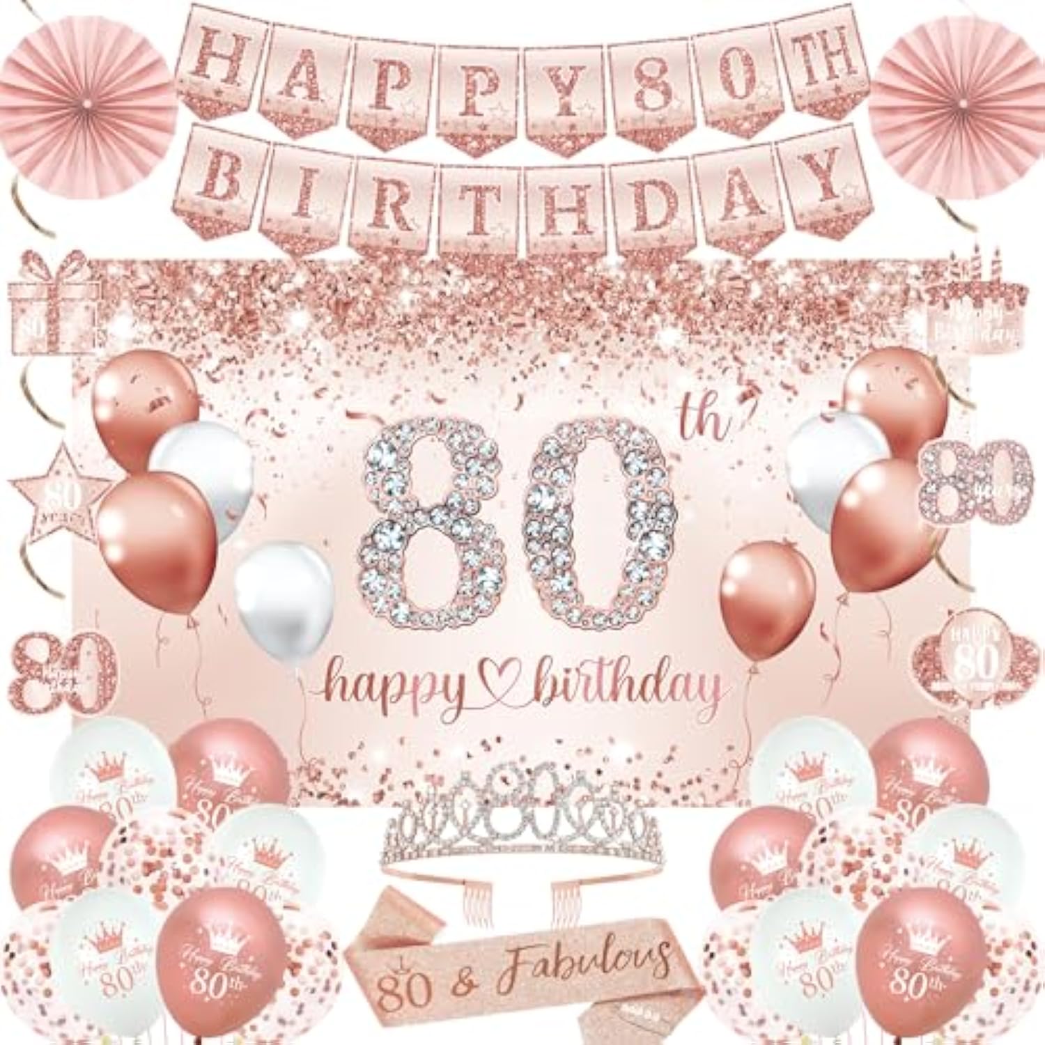 80Th Birthday Decorations For Women, 30Pcs Rose Gold Happy Birthday Party Supplies, 80Th Crown And Sash, Banner, Hanging Swirl Flag, Balloons, 80 Year Old Party Decoration Set