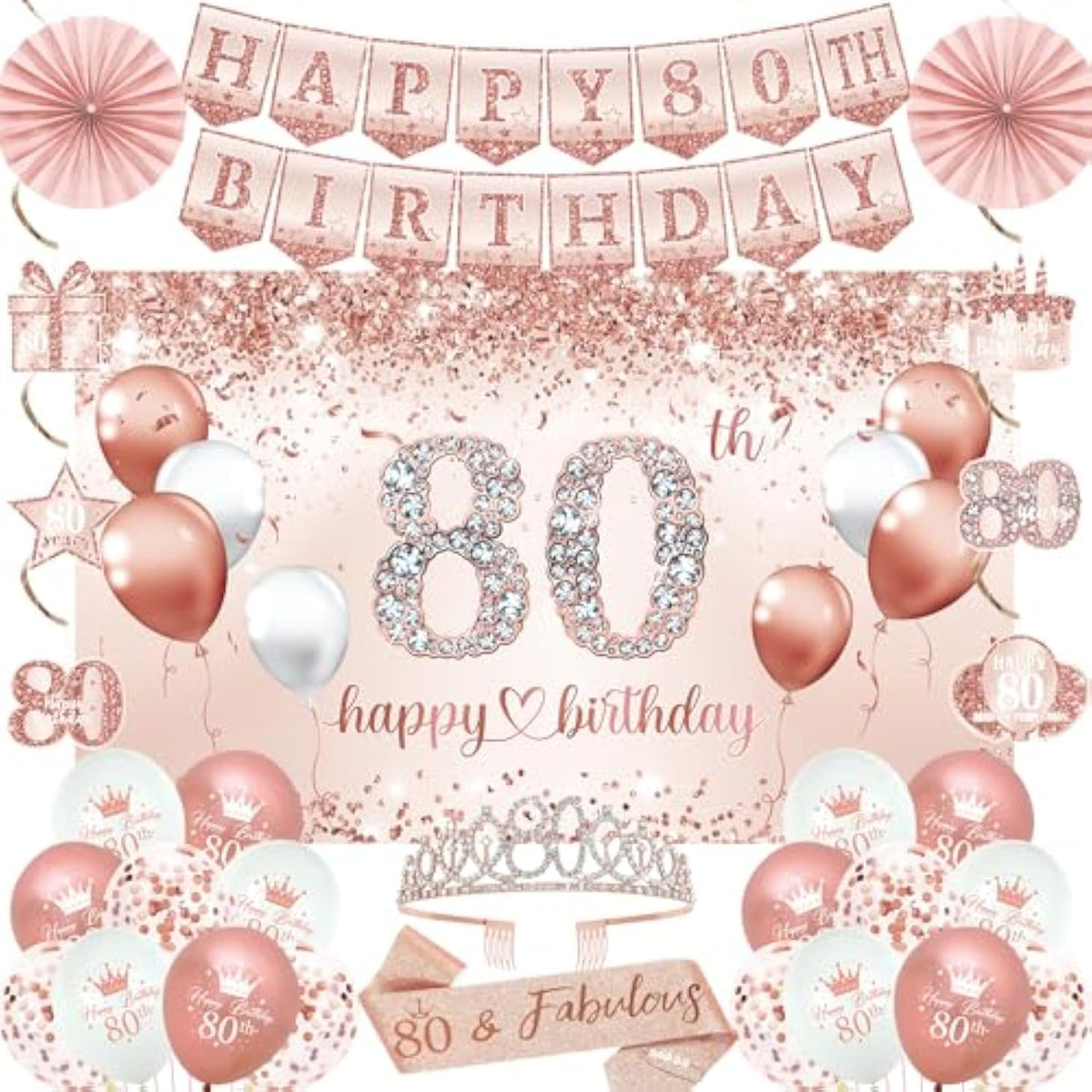80Th Birthday Decorations For Women, 30Pcs Rose Gold Happy Birthday Party Supplies, 80Th Crown And Sash, Banner, Hanging Swirl Flag, Balloons, 80 Year Old Party Decoration Set