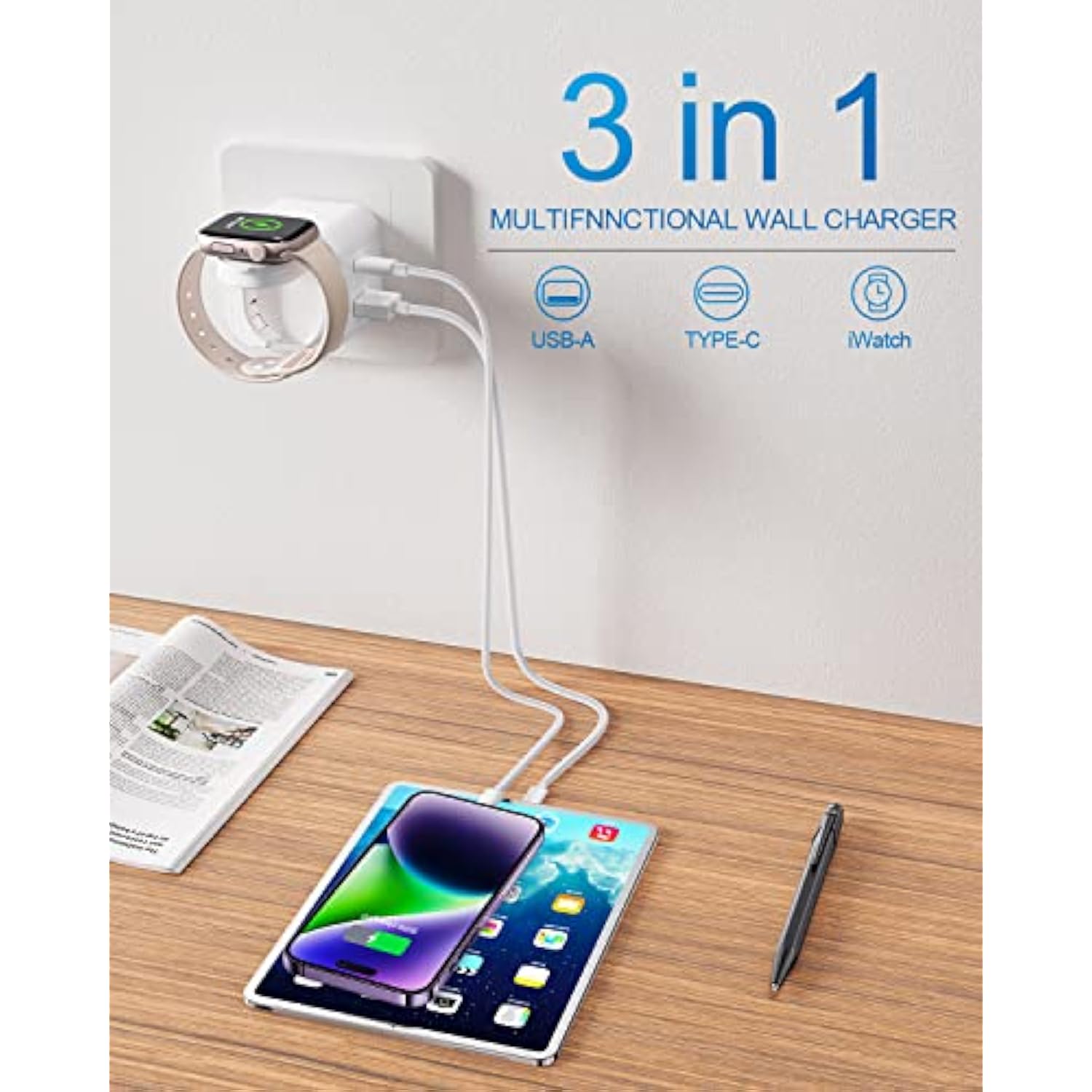 36W For Apple Charging Block With Built-In Watch Charger, Foldable Pd Fast Charger Block For Iphone, Dual Ports Wall Charger Compatible With Apple Watch Iphone Airpods (White)