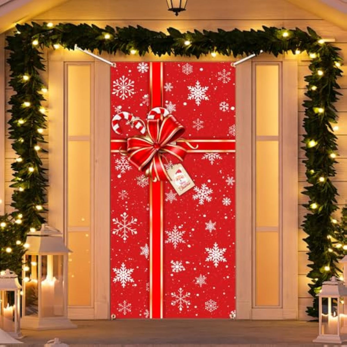 Red Christmas Door Decorations - 72.8 X 35.4 Inch Merry Xmas Cover Banner For Front Door | Outdoor Holiday Porch Signs With Bowknot, Party Supplies, Easy Hanging Winter Photo Booth Props