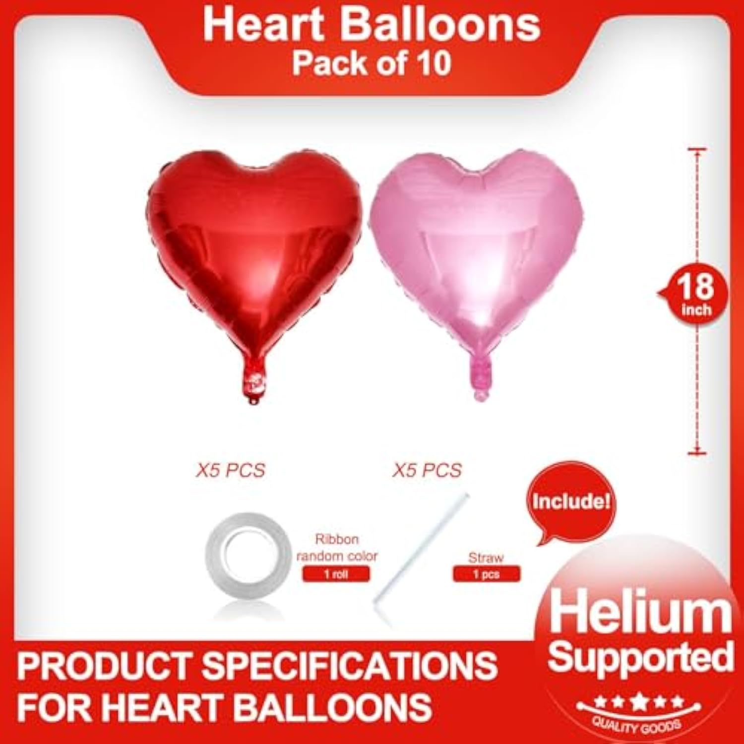 Red Heart Shaped Balloons Pack Of 10,18 Inch Love Valentine Balloons Pink Heart Romantic Balloons For Valentines Day Propose Marriage Wedding Bridal Shower Engagement Party Decorations
