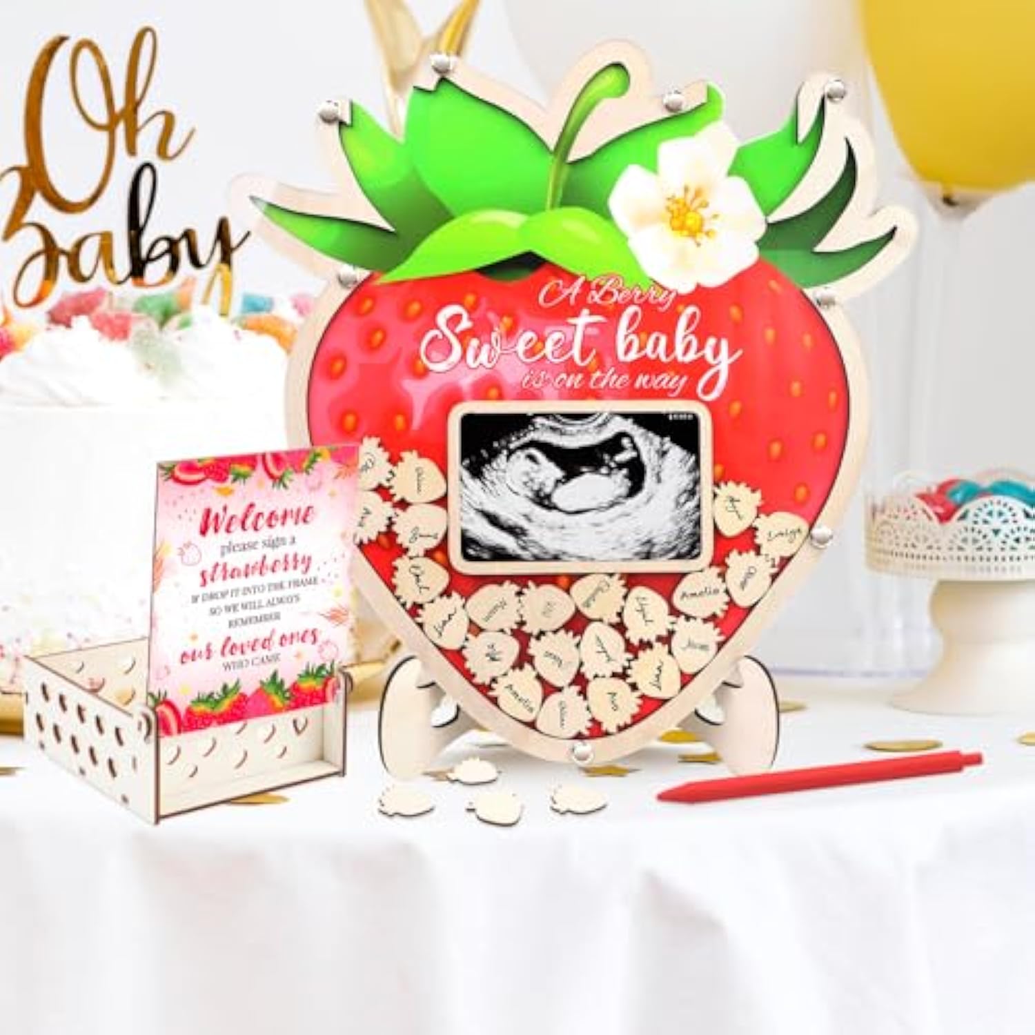 Baby Shower Guest Book Alternatives Strawberry - 63 Pcs Berry Sweet Baby Shower Decorations Guest Book - Strawberry Gender Reveal Decorations With Pen, 60 Wood Slices, Sonogram Photo Frame Keepsake For 60 Guests