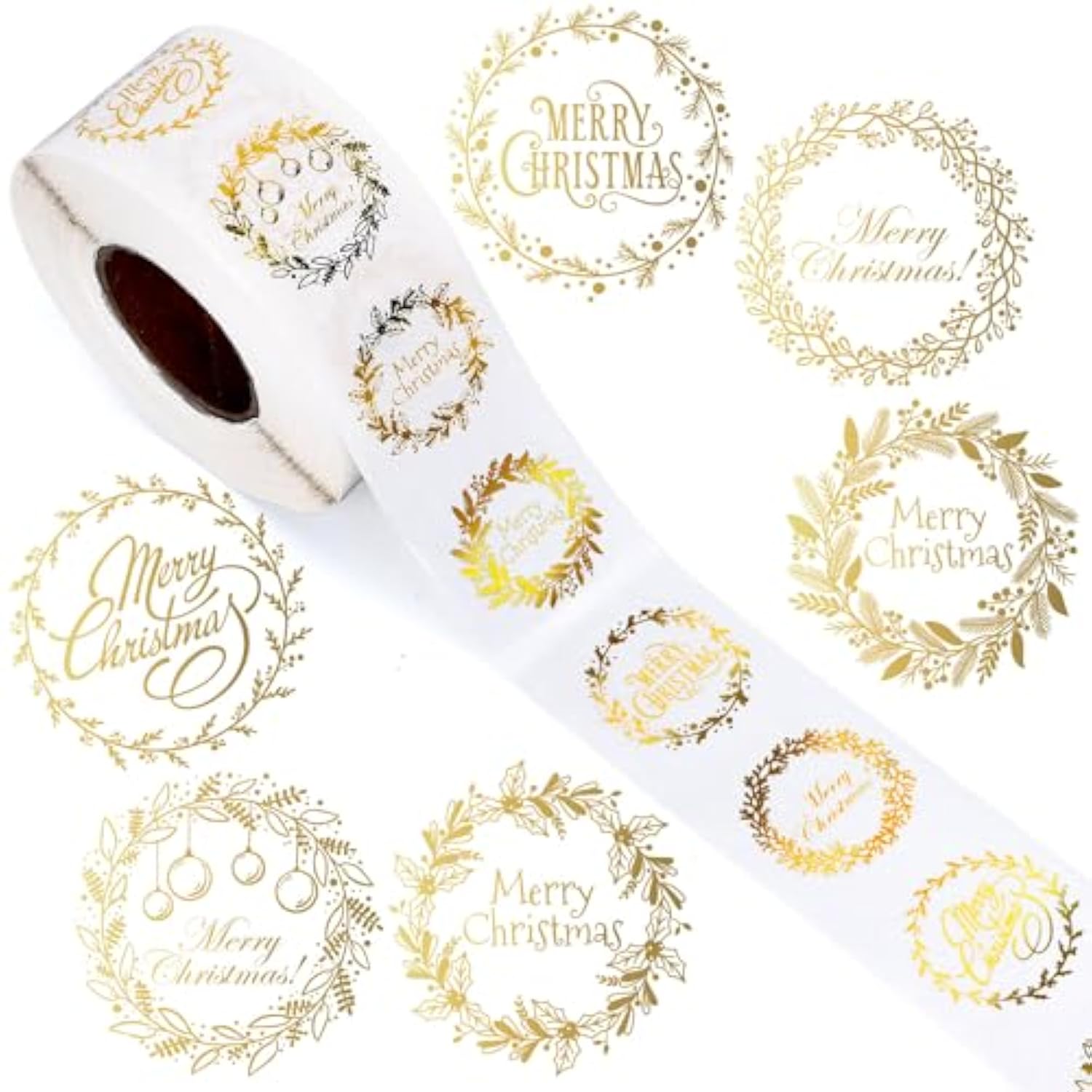 1000Pcs Clear Christmas Stickers Roll Gold Foil Xmas Wreath Seal Stickers Self-Adhesive Label Decals For Holiday Envelope Invitations Cards Gift Decor, 6 Designs