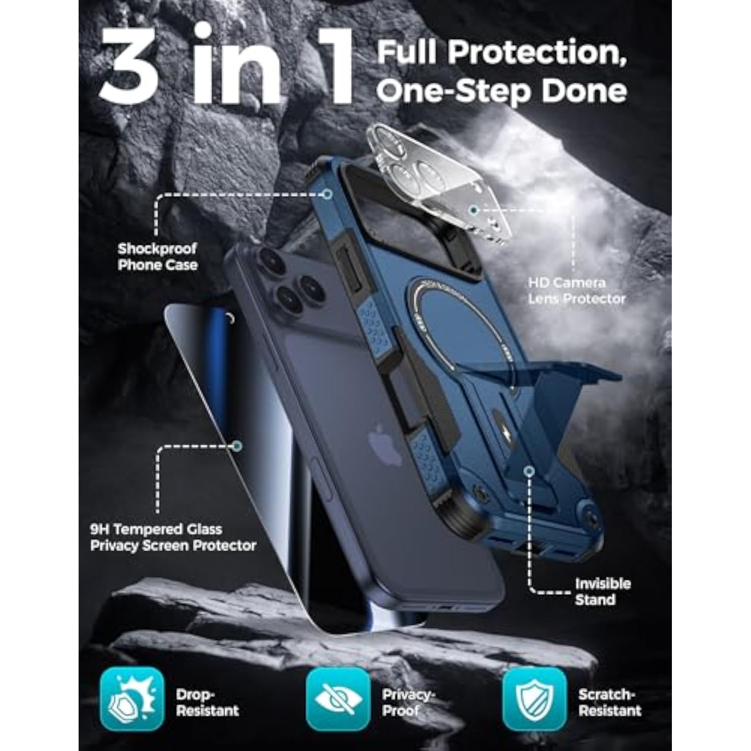3 in 1 Protective Case for iPhone 17 Pro Max with Blue Privacy Screen Protector