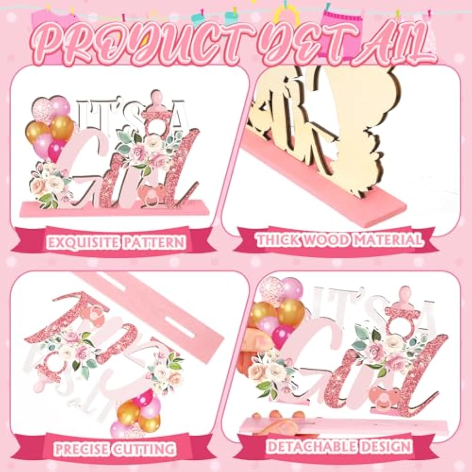 6 Pcs Spring Floral Baby Shower Wooden Centerpieces – "It's a Girl" Table Decor