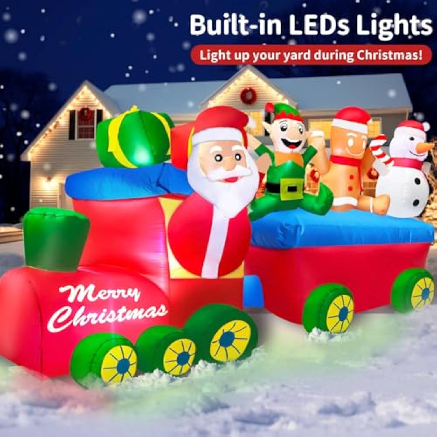 8 Ft Long 4.5 Ft Tall Christmas Train Inflatable Outdoor Yard Decoration, Blow Up Santa Claus Driving Train With Snowman