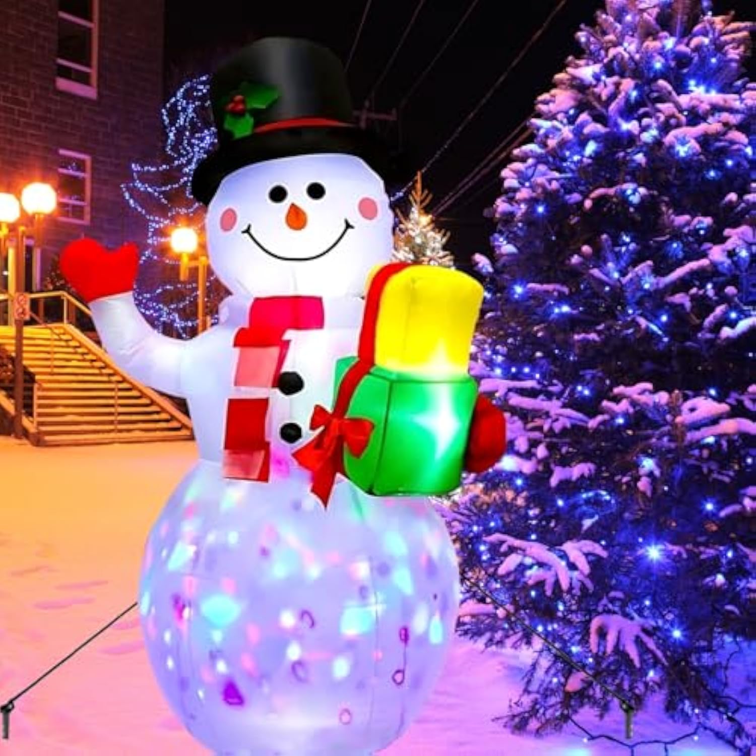 5Ft Christmas Inflatables Snowman With Rotating Lights, Blow Up Snowman Outdoor Decoration Led Lighted Snow Man Christma