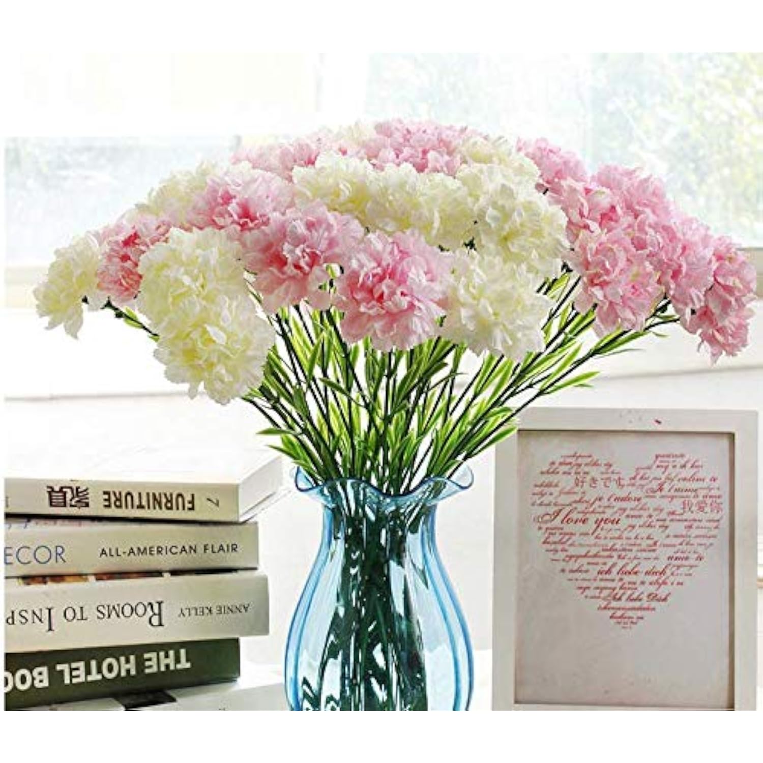 10 Bunches Bouquet Of Pink Artificial Silk Flower Carnations,Single Flower Head 20 Inch Bouquet And Green Leaf For Home Party,Home Decoration Bridal Wedding Holding Flowers Decor