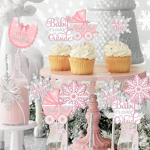 24pcs Winter Snowflake Baby It's Cold Outside Centerpieces Sticks Baby Shower Decorations for Girl, Pink White Little Snowflake It's A Girl Table Toppers Gender Reveal Party Supplies